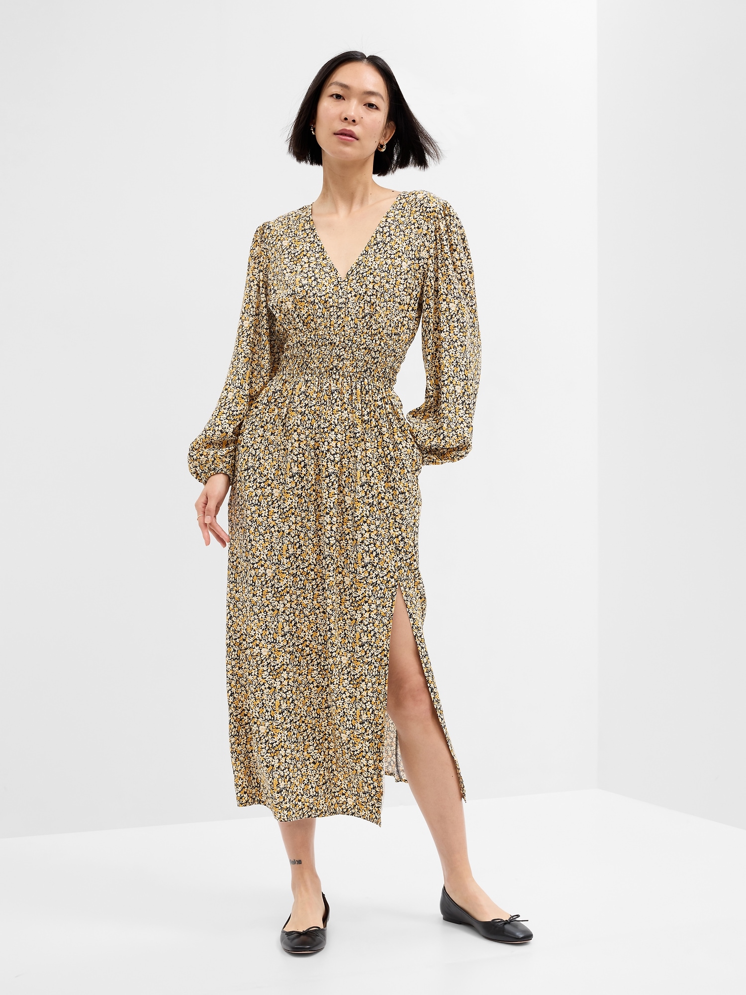 Smocked V-Neck Maxi Dress
