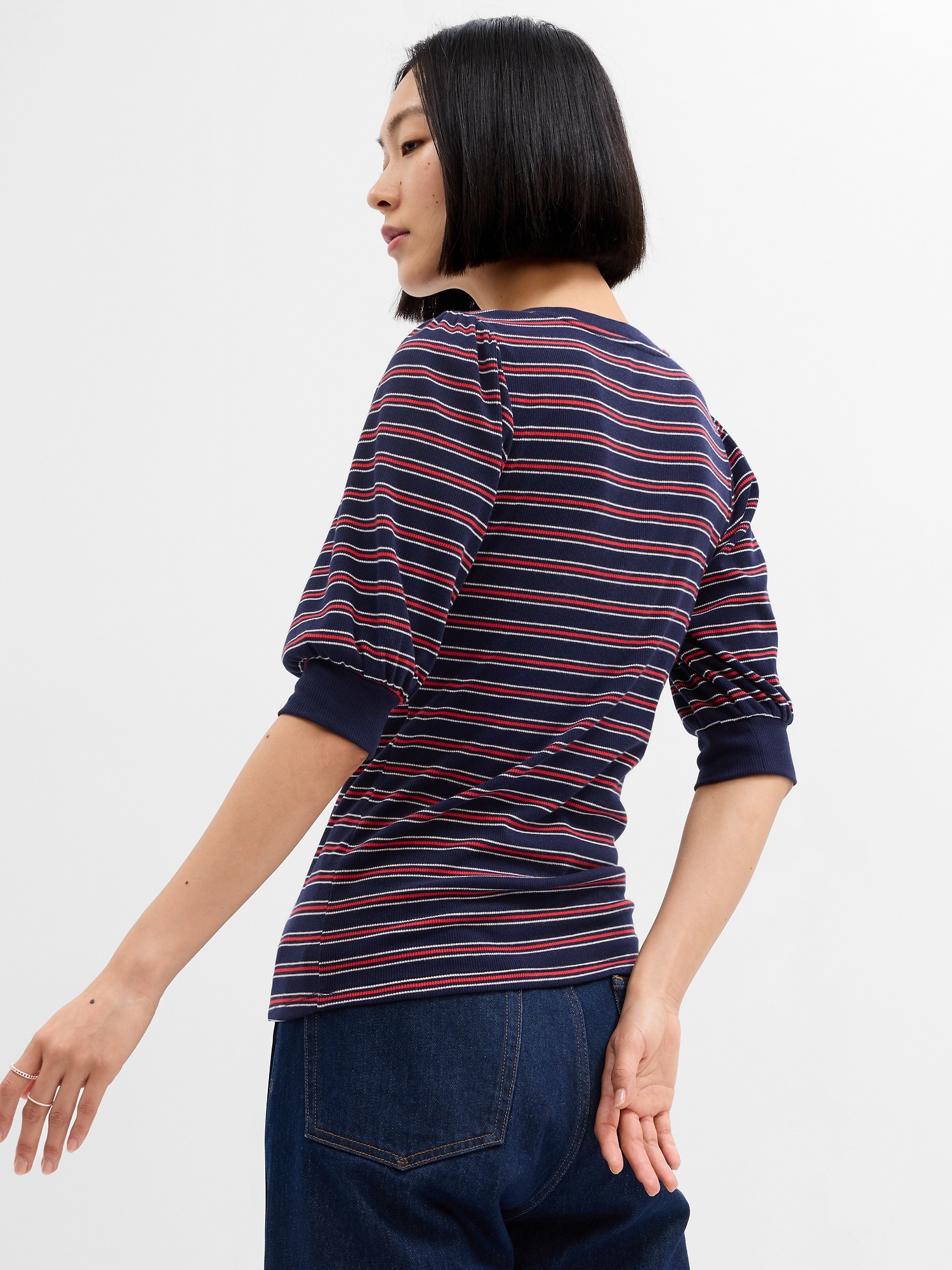 Fitted Stripe Henley Puff Sleeve Top Gap Factory