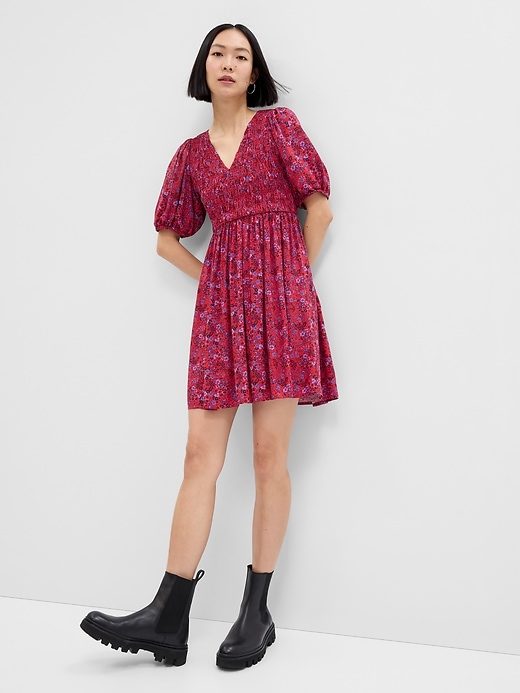 Image number 1 showing, Satin Smocked Puff Sleeve Mini Dress