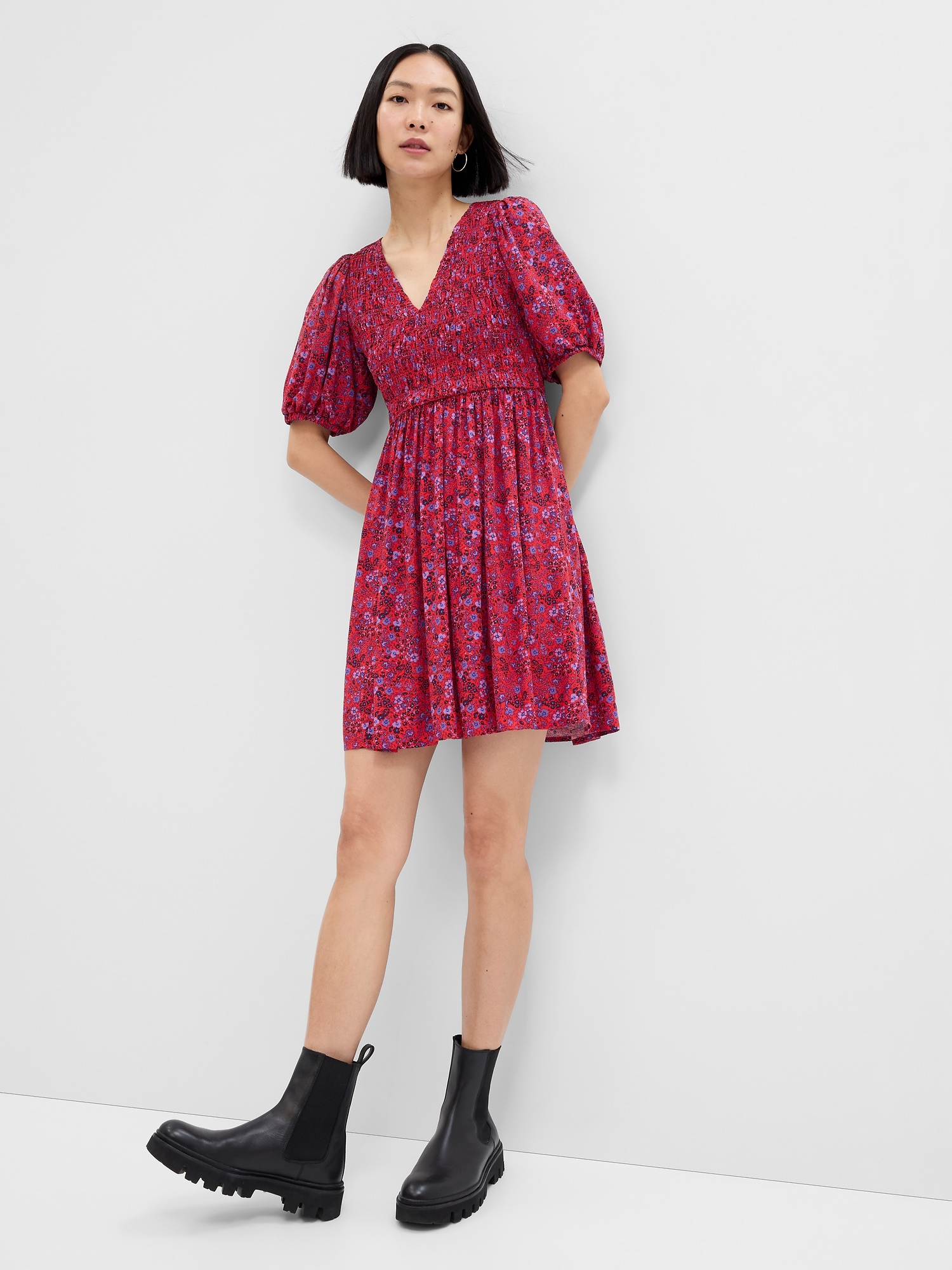 Satin Smocked Puff Sleeve Mini Dress
