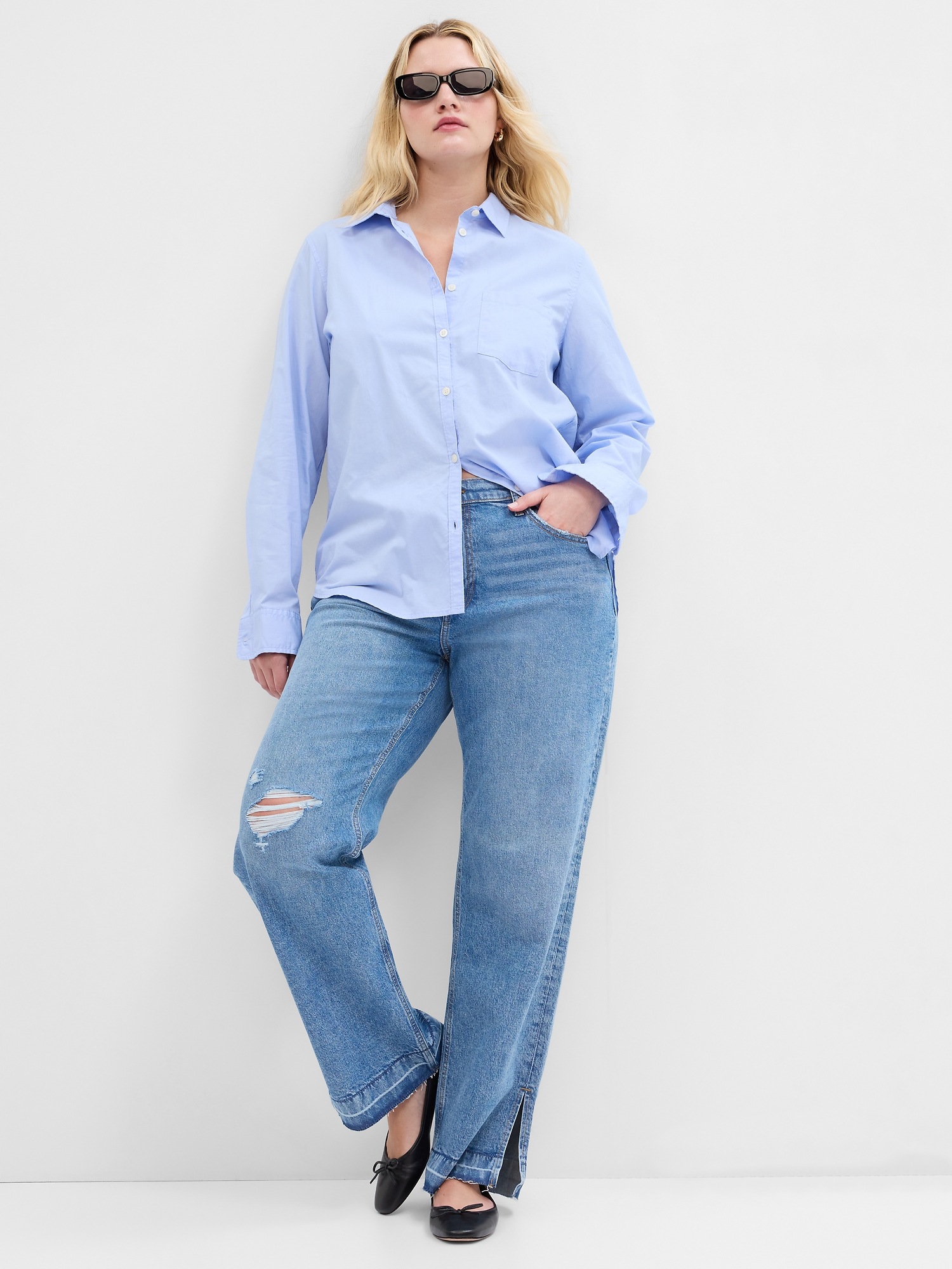 Mid Rise Destructed '90s Loose Jeans with Washwell