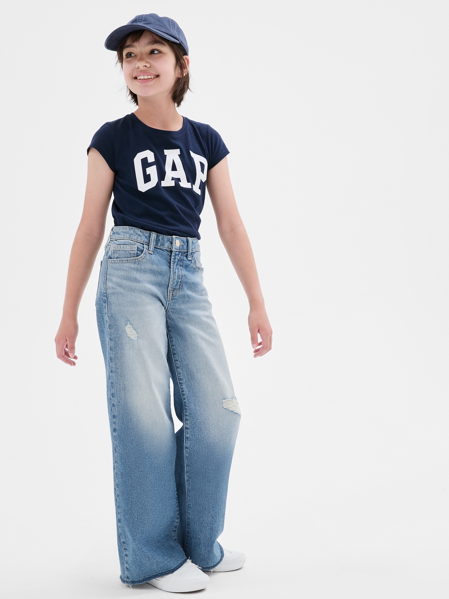 Kids High Rise Destructed Wide-Leg Jeans with Washwell | Gap Factory