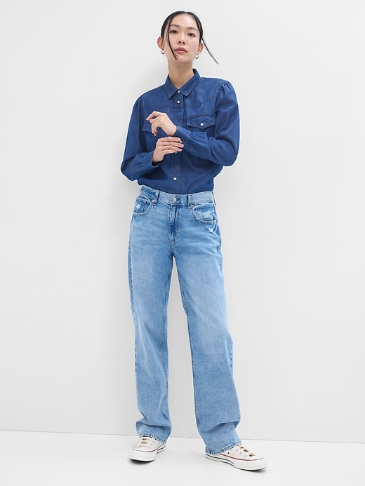 Image number 1 showing, Puff Sleeve Denim Western Shirt with Washwell