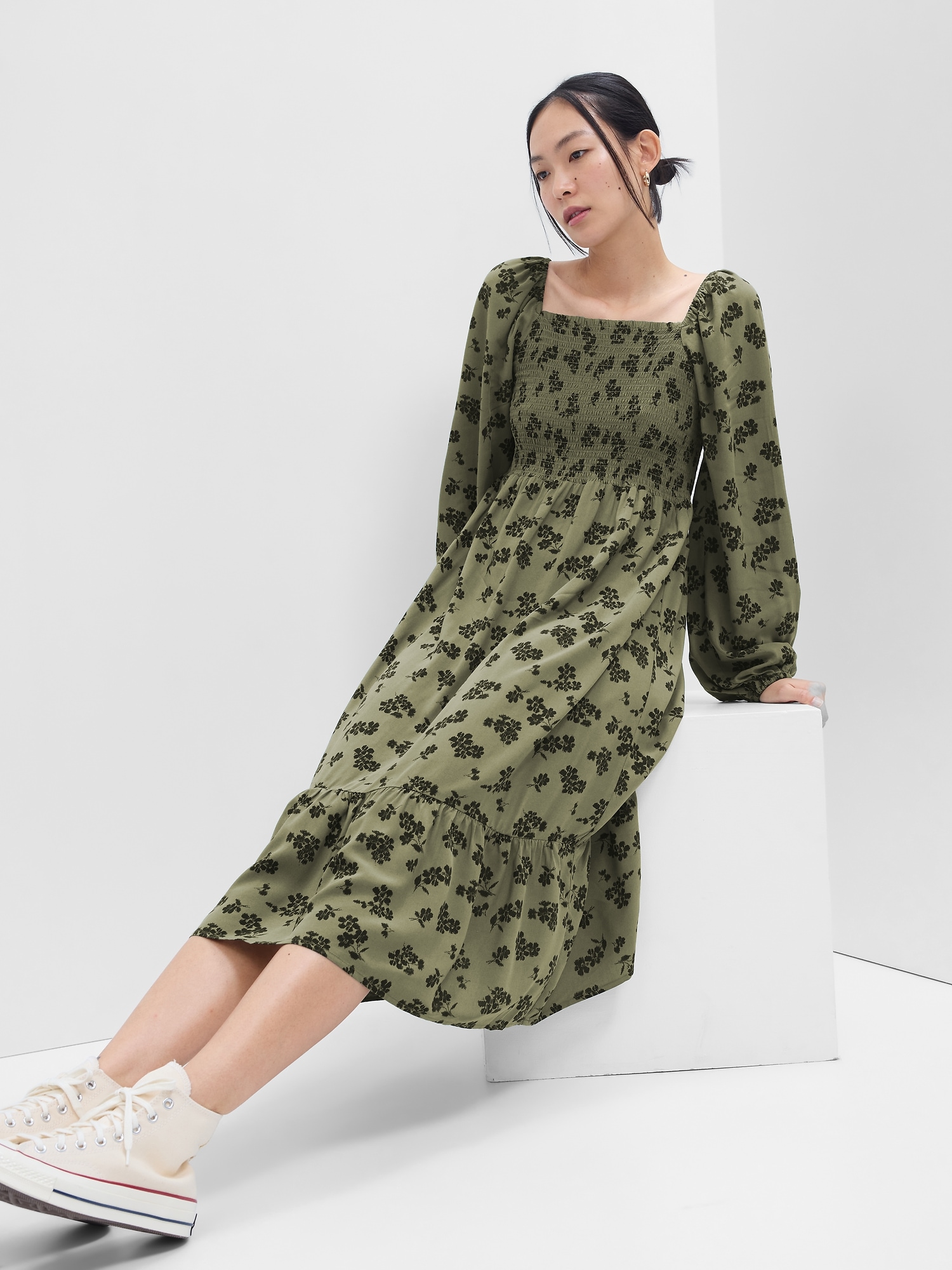 Print Squareneck Midi Dress