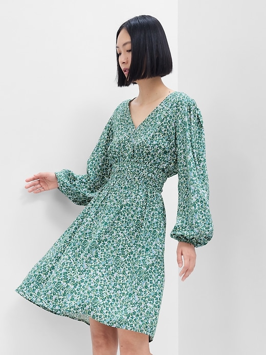 Image number 1 showing, Print Smocked V-Neck Mini Dress