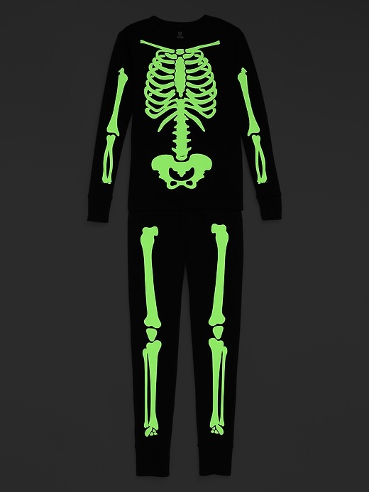 View large product image 2 of 2. Kids 100% Organic Cotton Glow-in-the-Dark Skeleton PJ Set