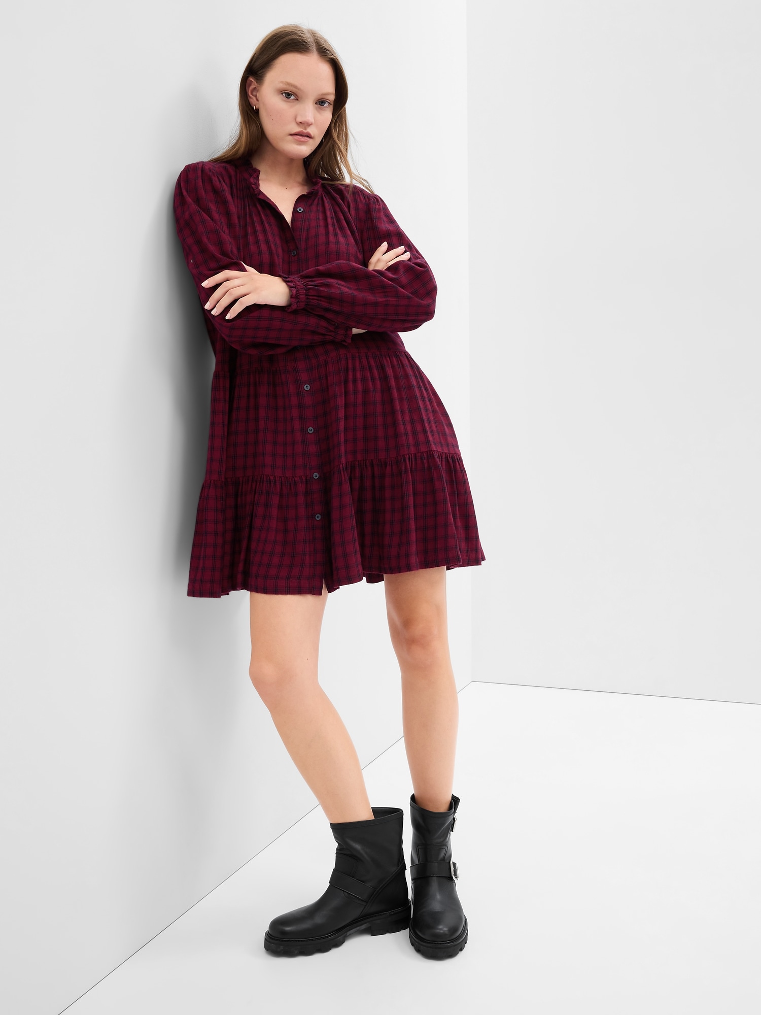 Relaxed Tiered Flannel Shirt Dress