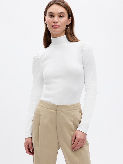 Image number 10 showing, Ribbed Mockneck Puff Sleeve T-Shirt