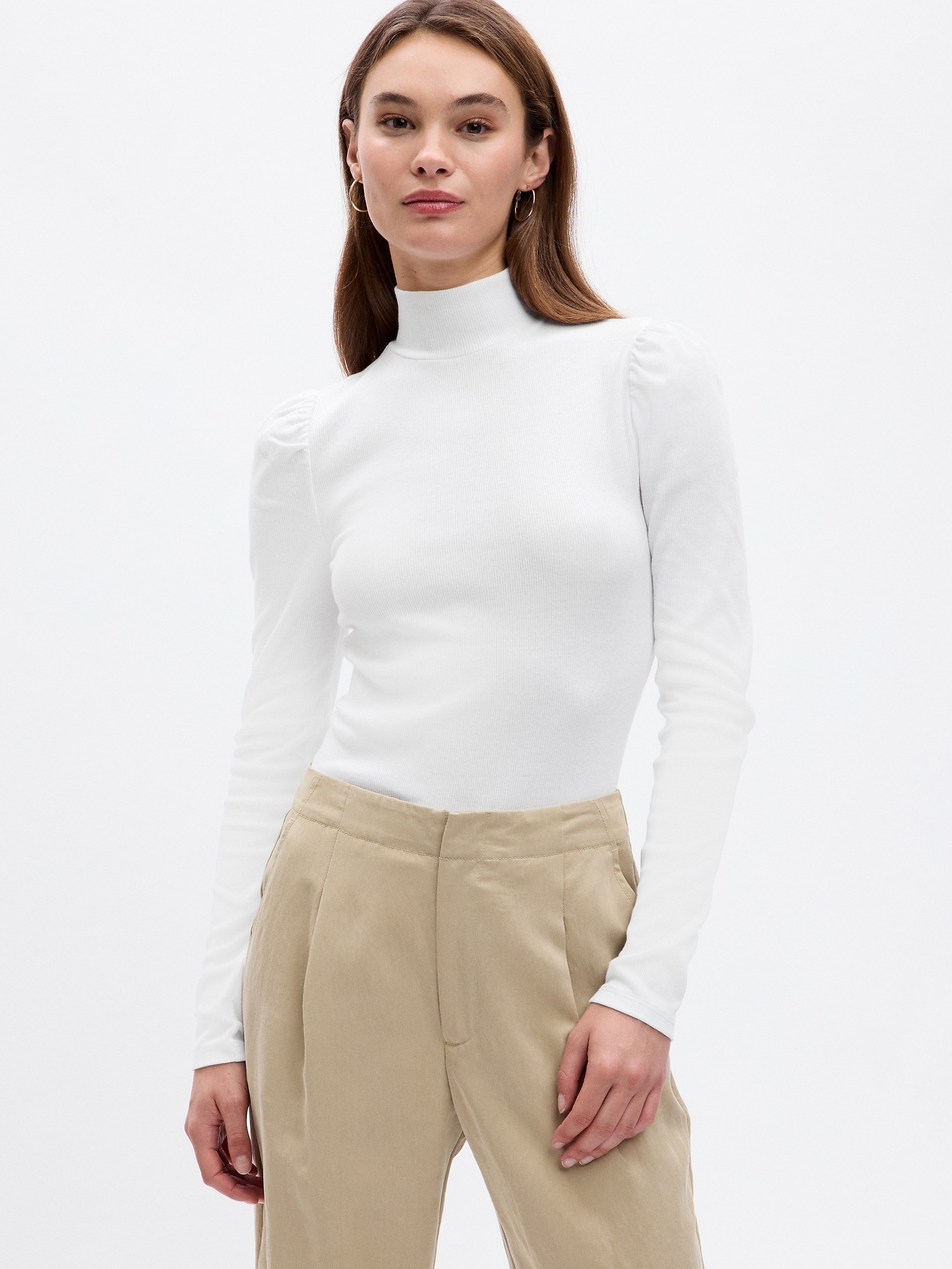 Ribbed Mockneck Puff Sleeve T-Shirt