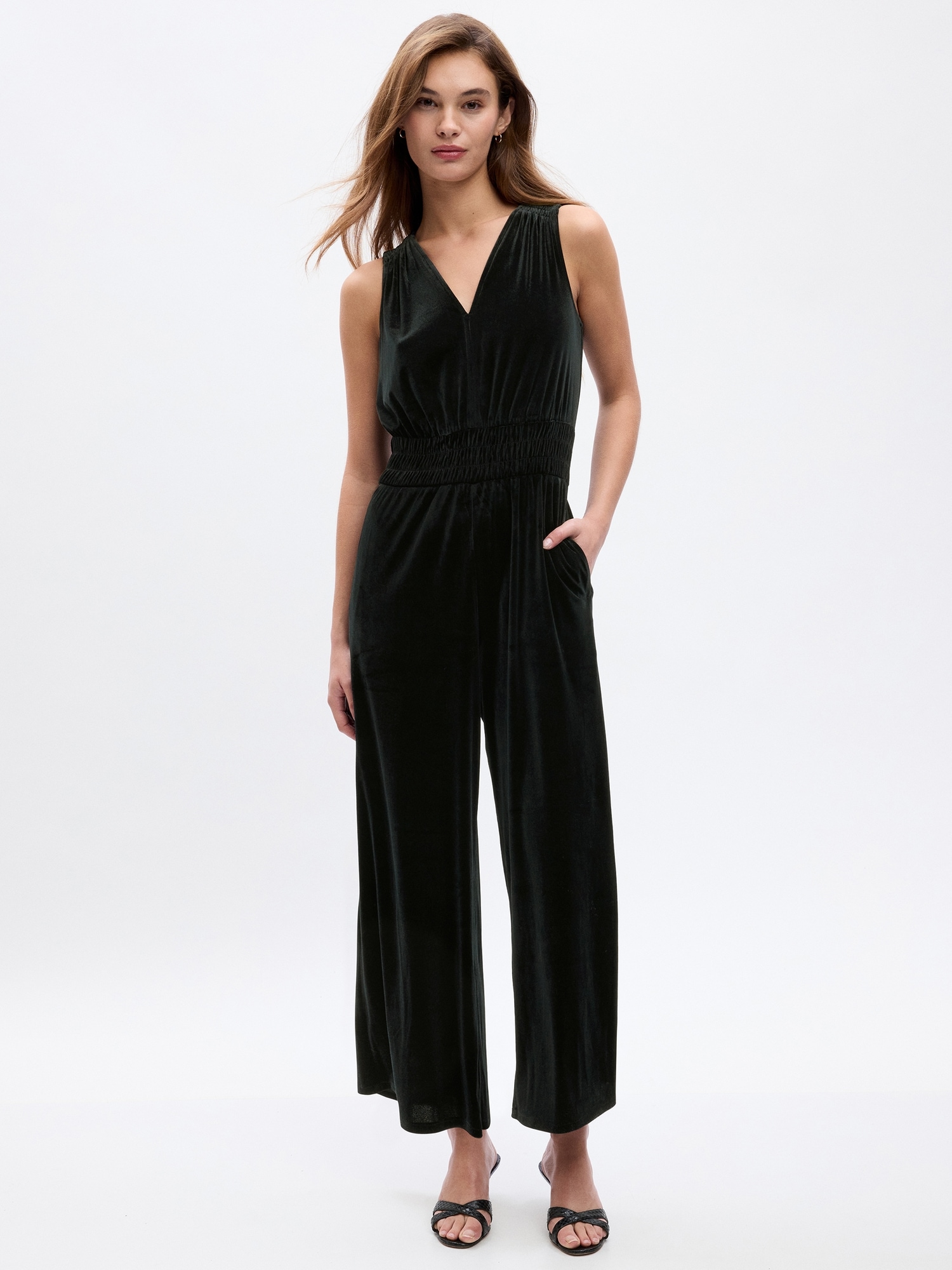 Velour Smocked Wide-Leg Jumpsuit