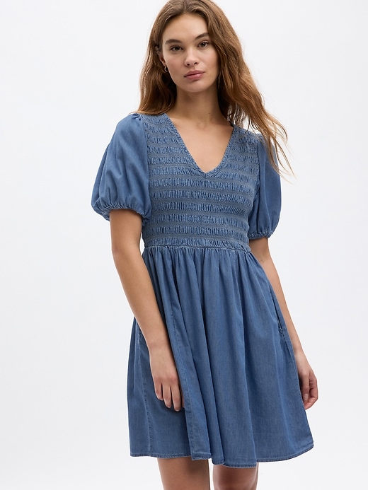 Image number 1 showing, Denim Puff Sleeve Mini Dress with Washwell