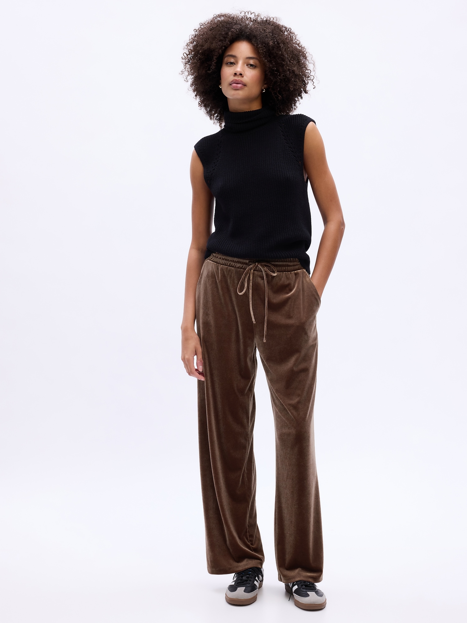 Mid Rise Velour Wide-Leg Pants