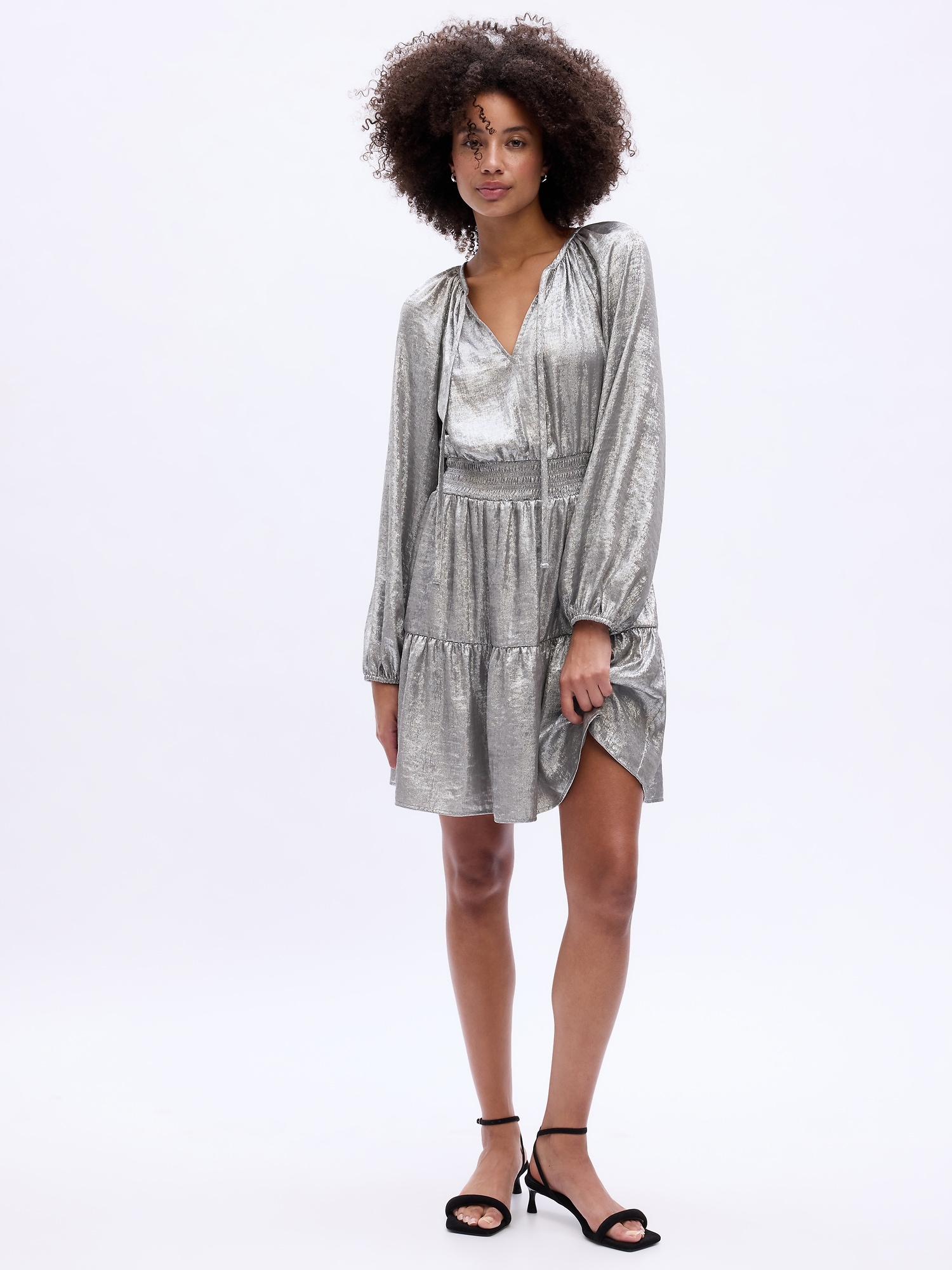 Smocked Shine Splitneck Mini Dress