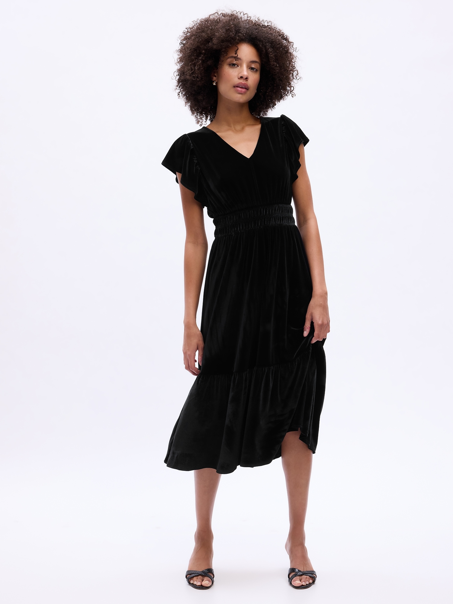 Velour Smocked Flutter Sleeve Midi Dress | Gap Factory