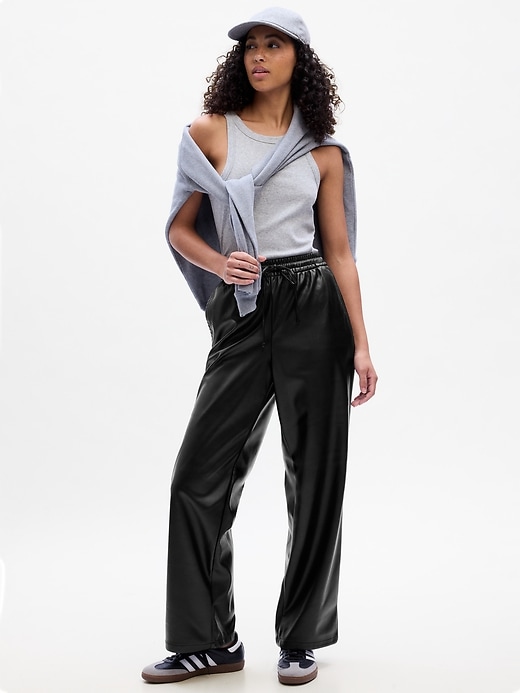 Image number 1 showing, Mid Rise Easy Wide-Leg Vegan-Leather Pants