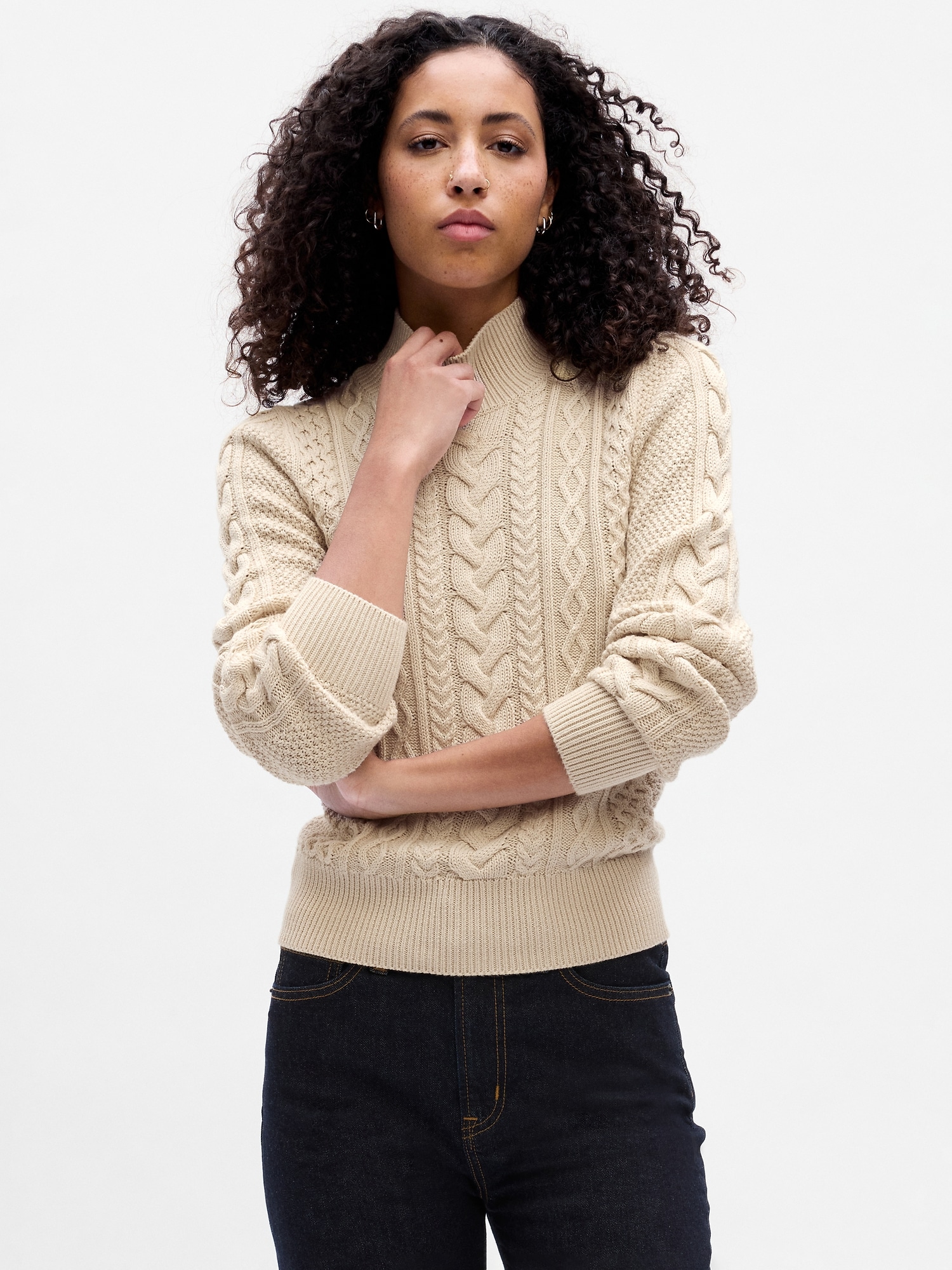 Relaxed Cable-Knit Mockneck Sweater