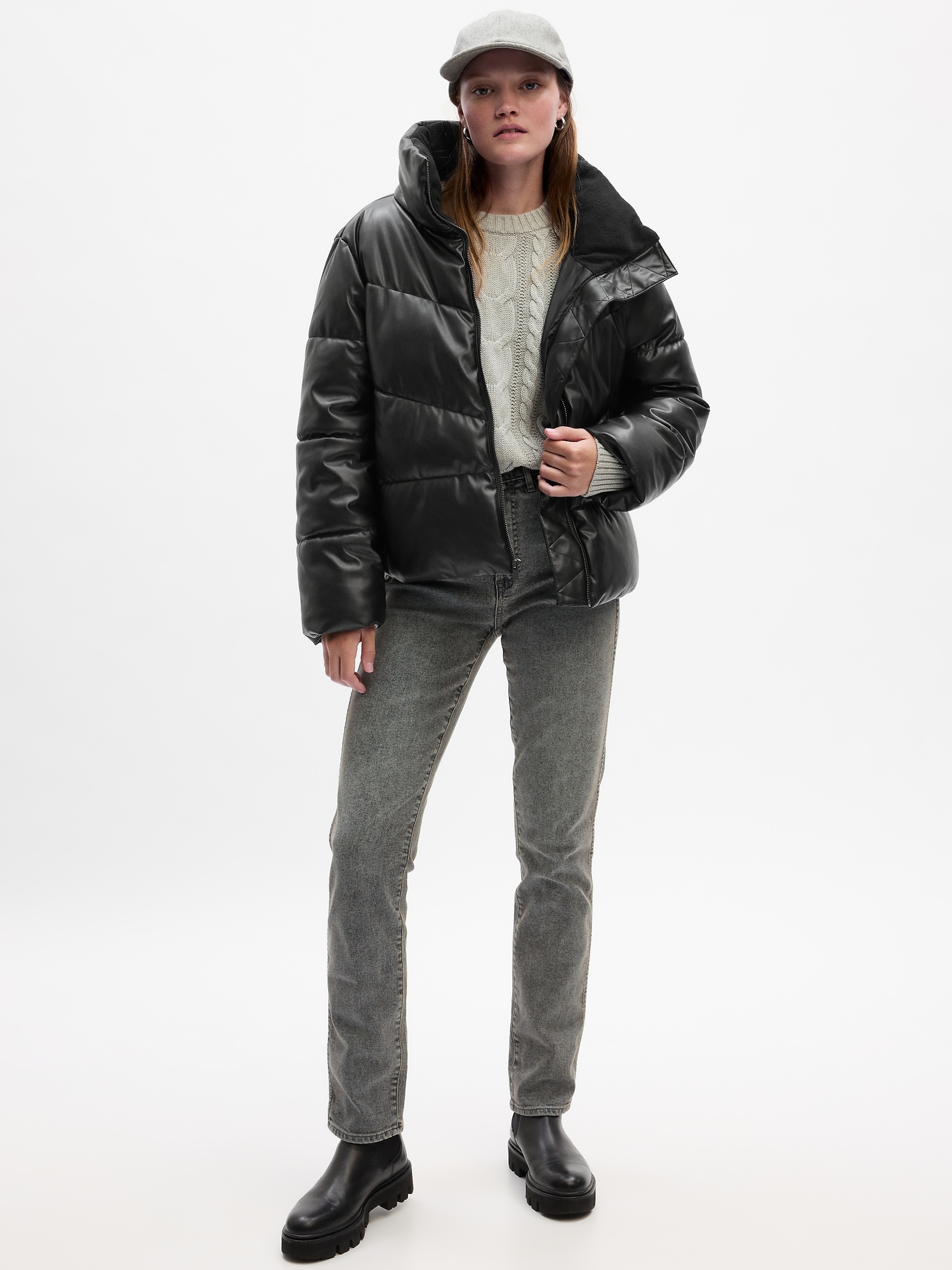 Relaxed Vegan-Leather Puffer Jacket