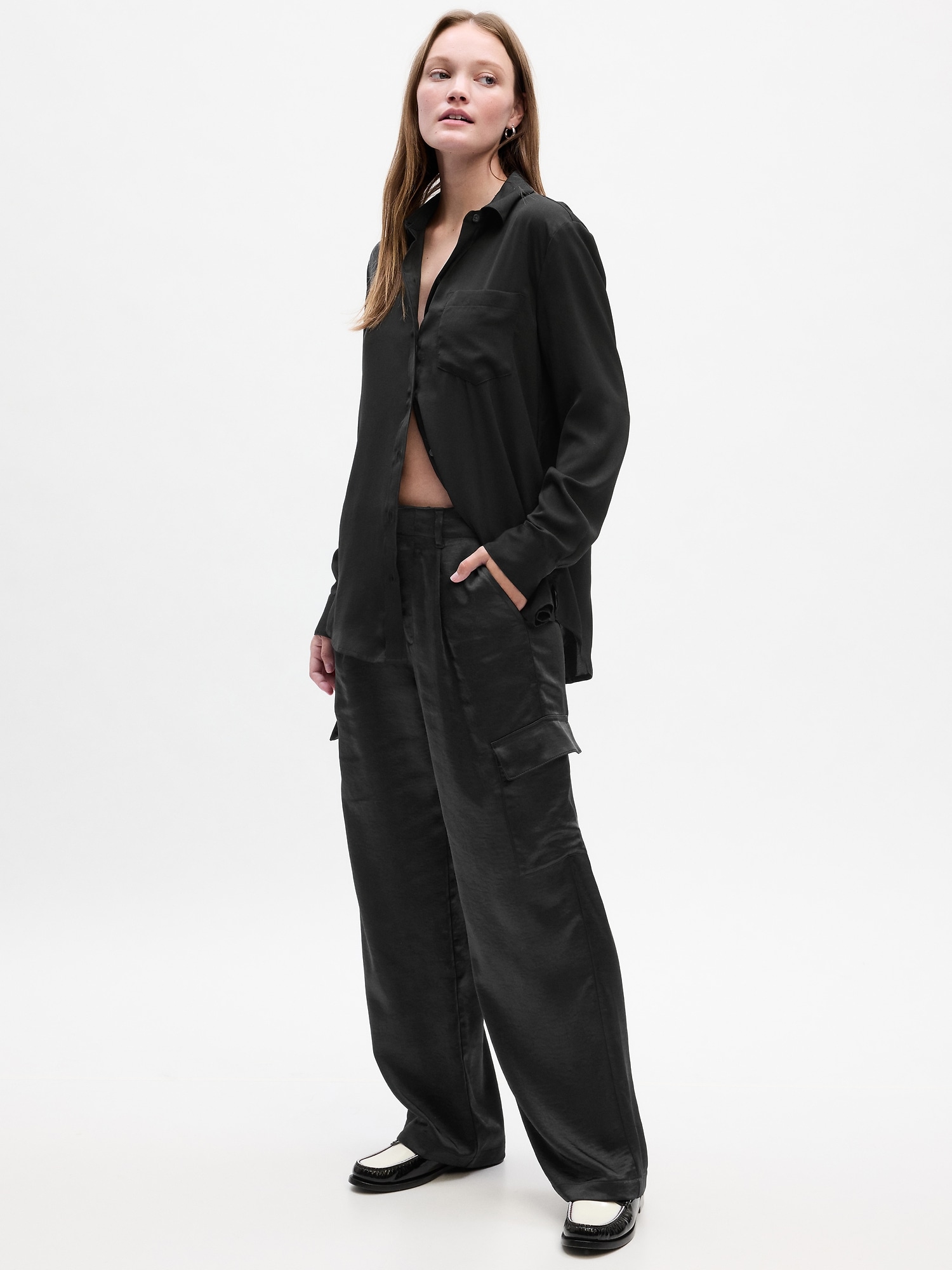 High Rise Pleated Satin Wide-Leg Trousers