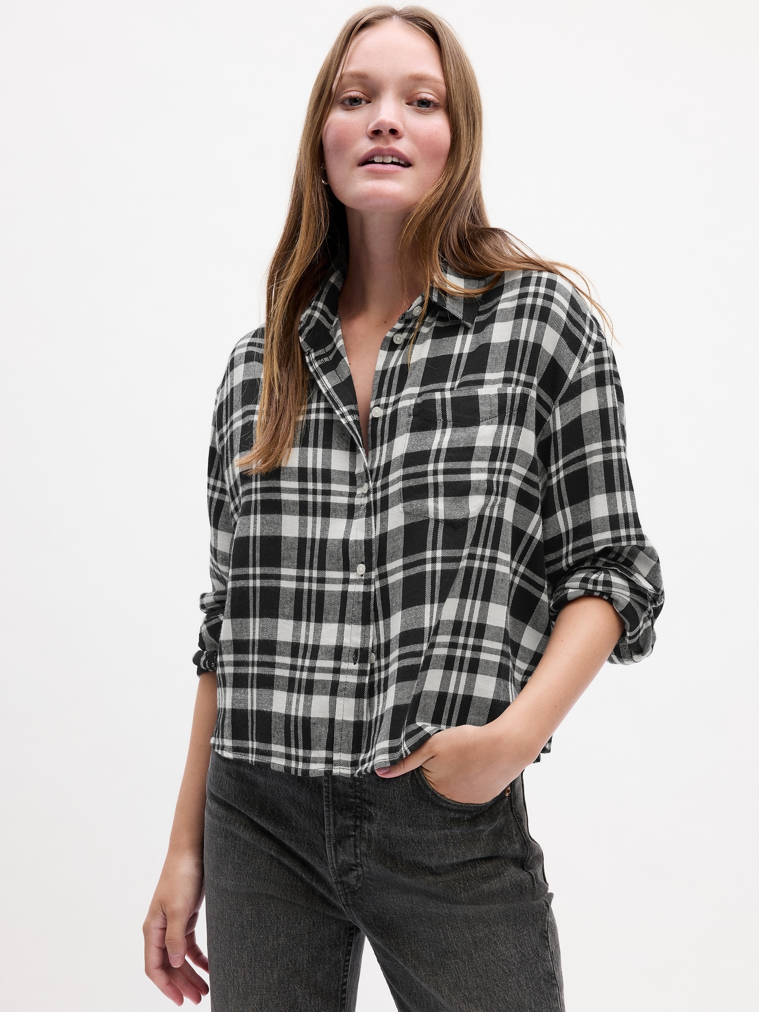 Cropped Plaid Flannel Shirt | Gap Factory