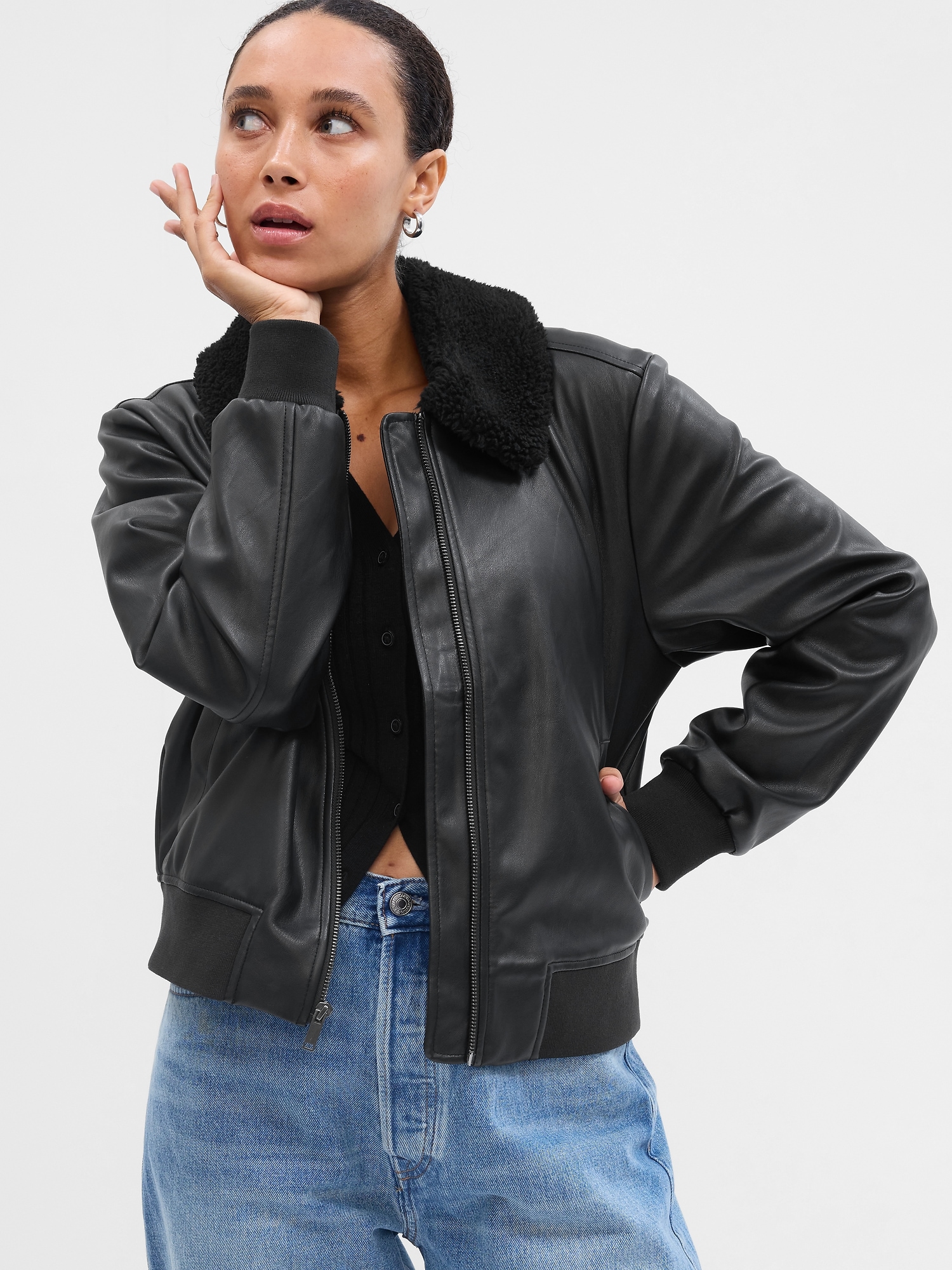 Faux Leather Bomber Jacket