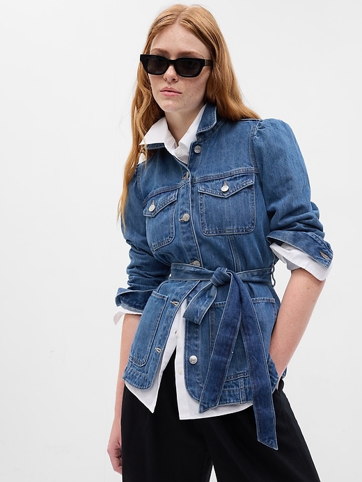 Image number 1 showing, Belted Puff Sleeve Denim Jacket with Washwell