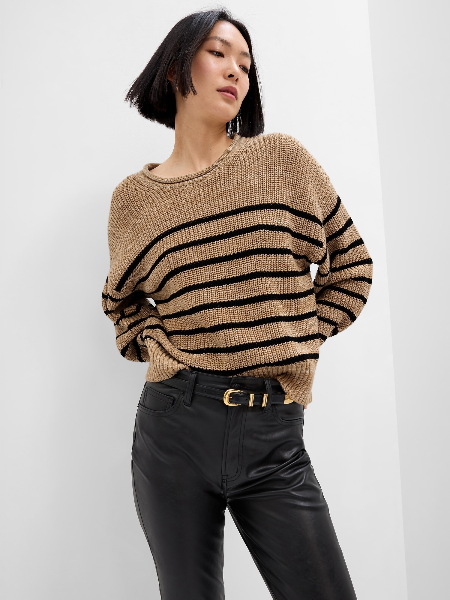 Relaxed Stripe Shaker-Stitch Sweater