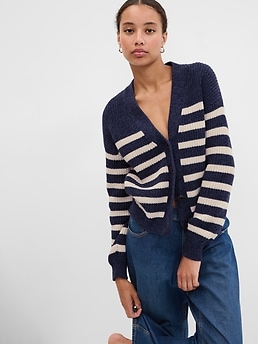 【BAON】[unisex] Unia stripe V-neck knit Egret Blue Striped Cotton V-neck Sweater | GANNI US