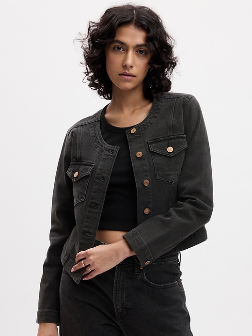 Gap collarless denim jacket discount