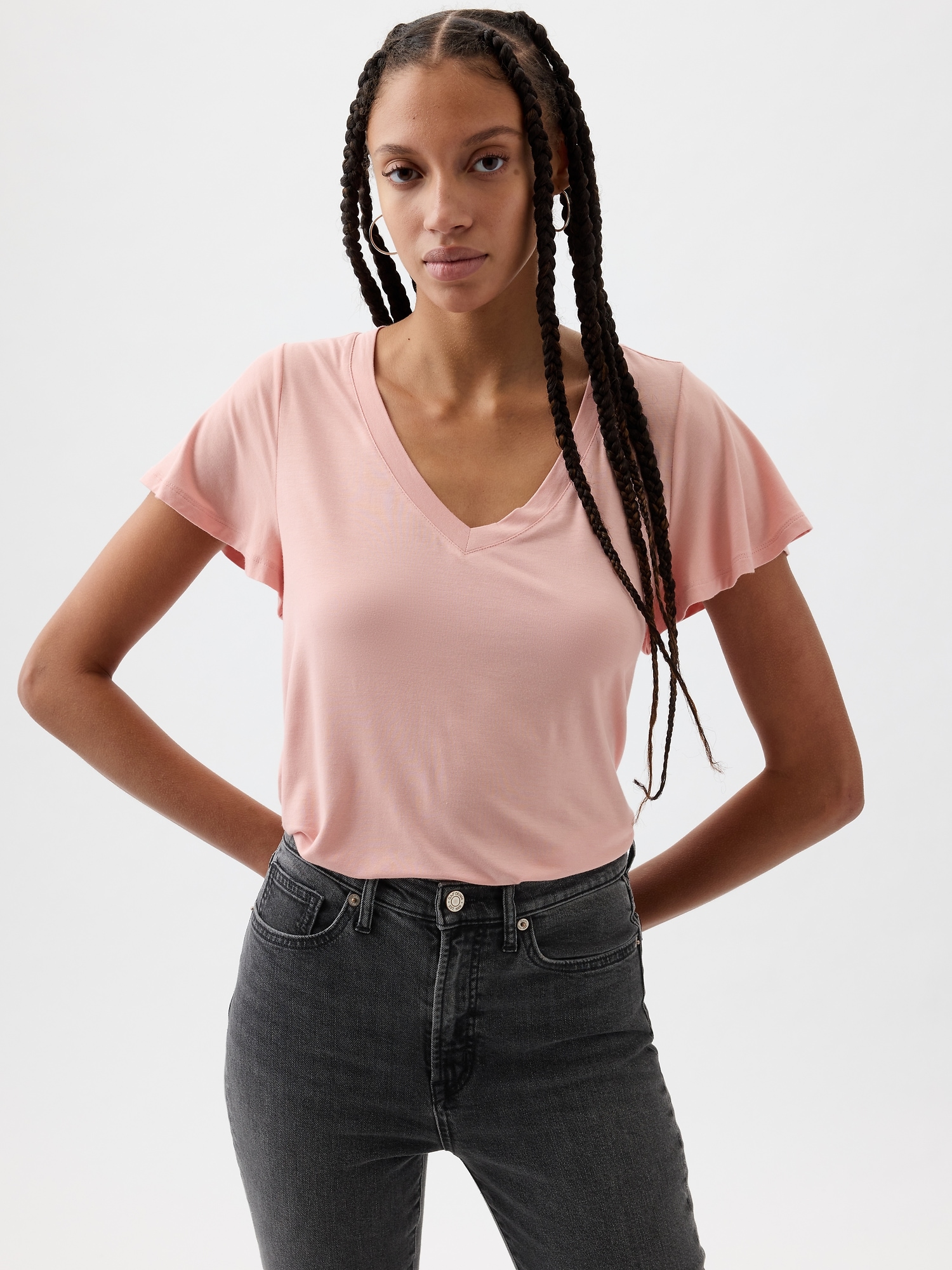 Luxe Flutter Sleeve V-Neck T-Shirt | Gap Factory Luxe Flutter Sleeve V-Neck T-Shirt | Gap Factory