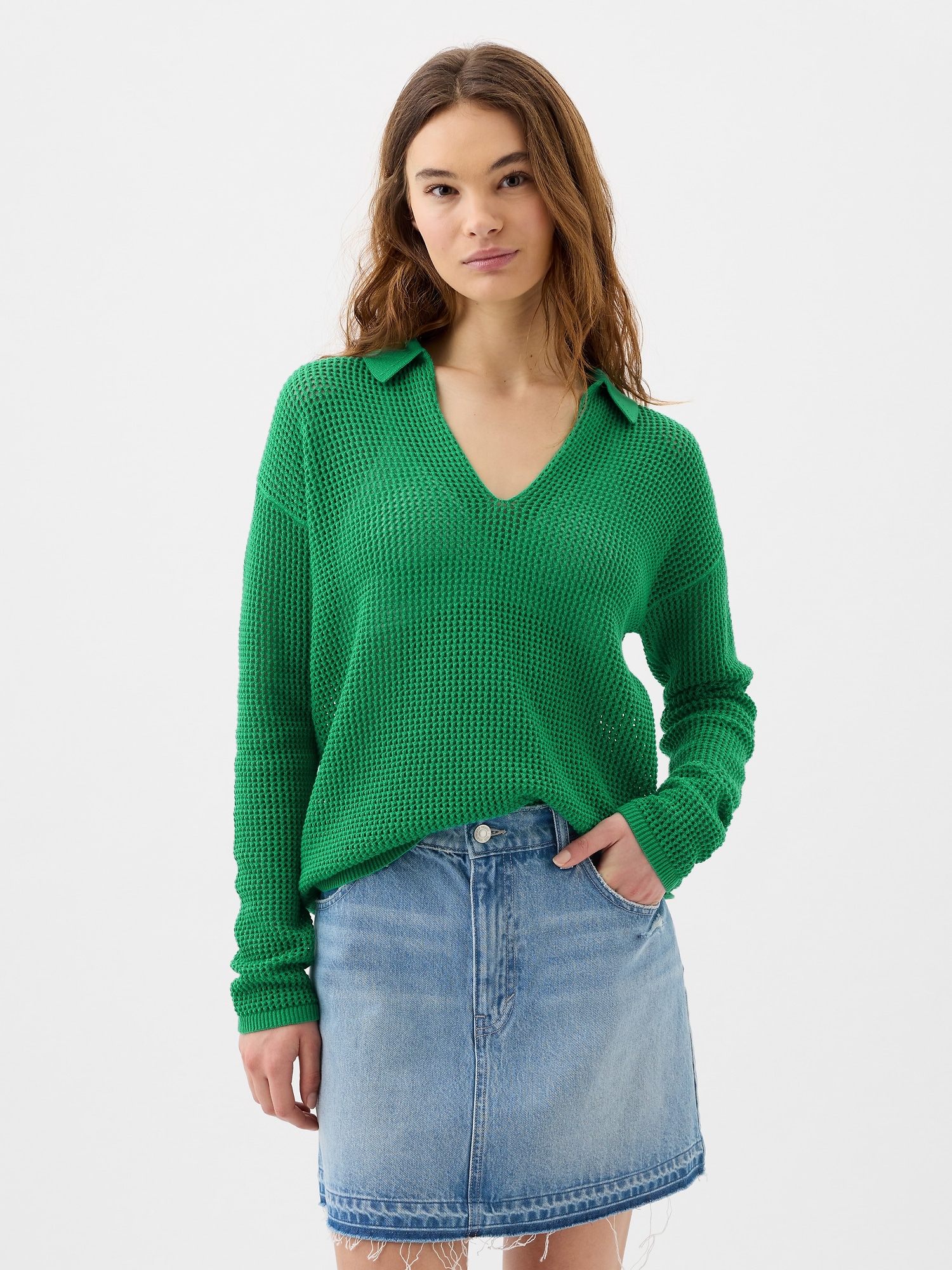 Relaxed Stripe Crochet Collared Sweater