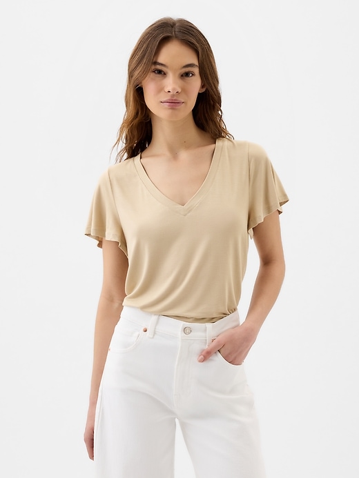 Image number 1 showing, Luxe Flutter Sleeve V-Neck T-Shirt