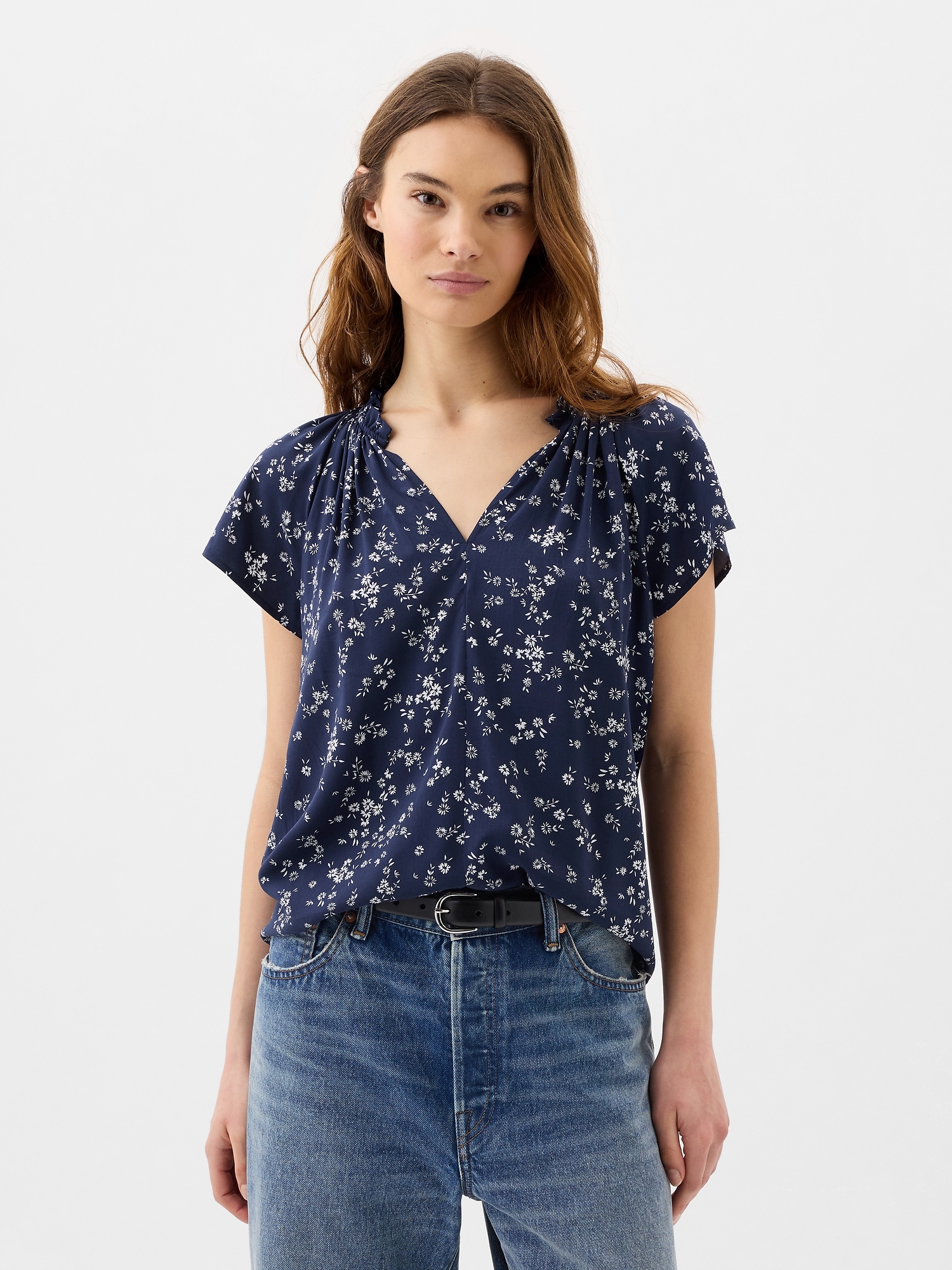 Splitneck Print Flutter Sleeve Top