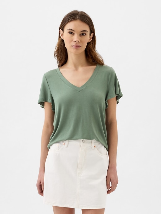 Image number 5 showing, Luxe Flutter Sleeve V-Neck T-Shirt