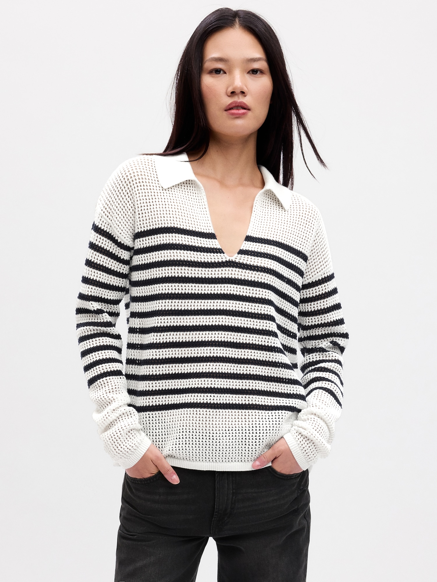 Relaxed Stripe Crochet Collared Sweater