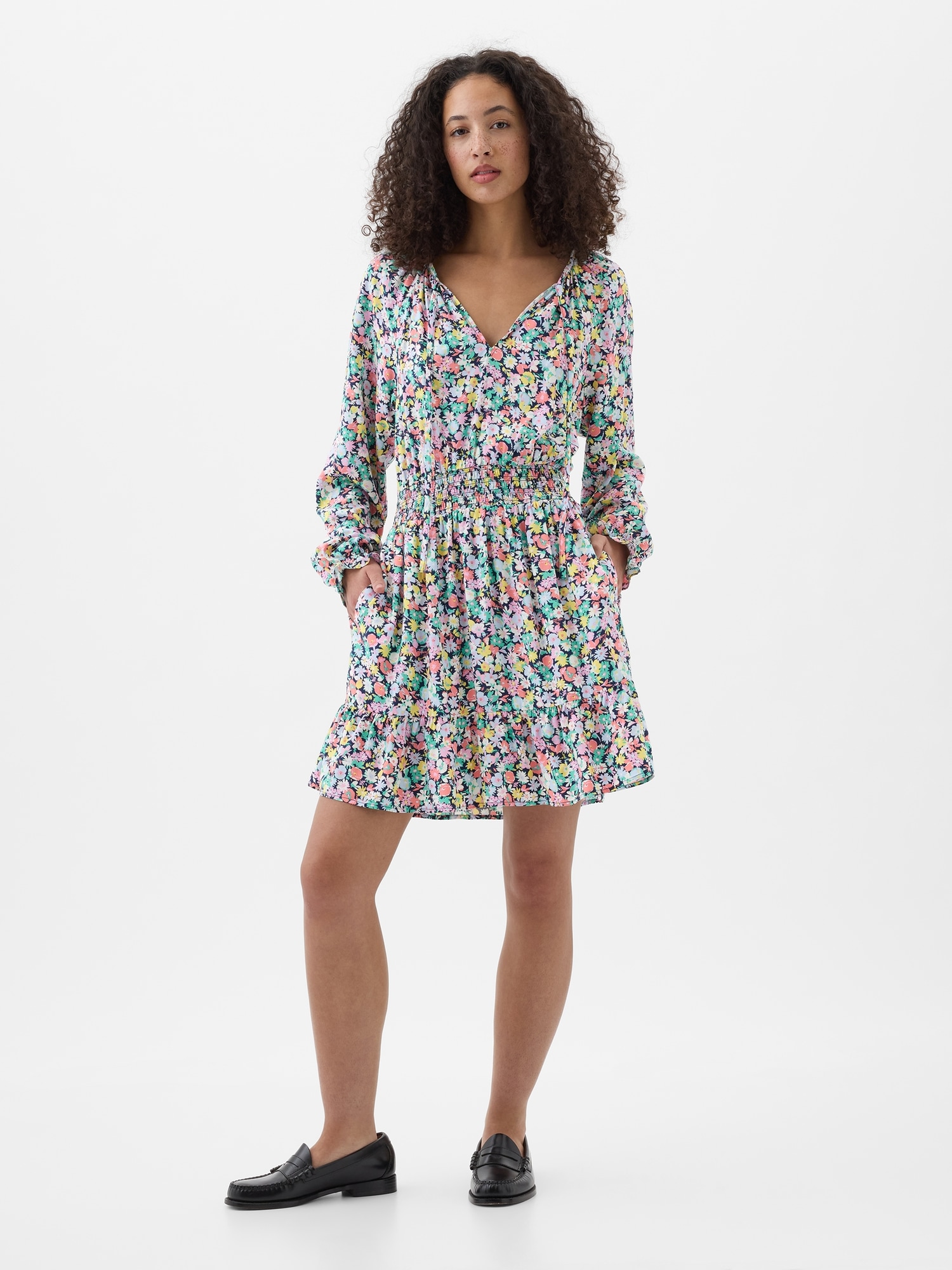 Relaxed Smocked Splitneck Mini Dress