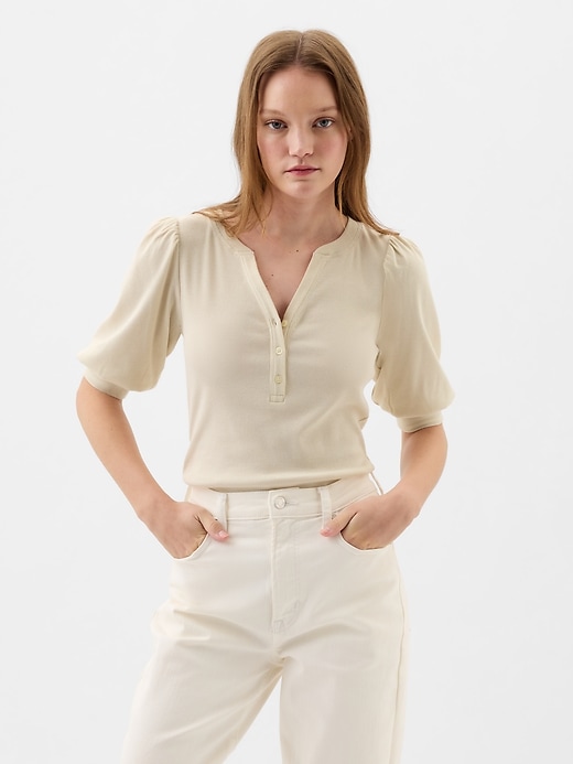 Image number 6 showing, Fitted Ribbed Henley Puff Sleeve Top