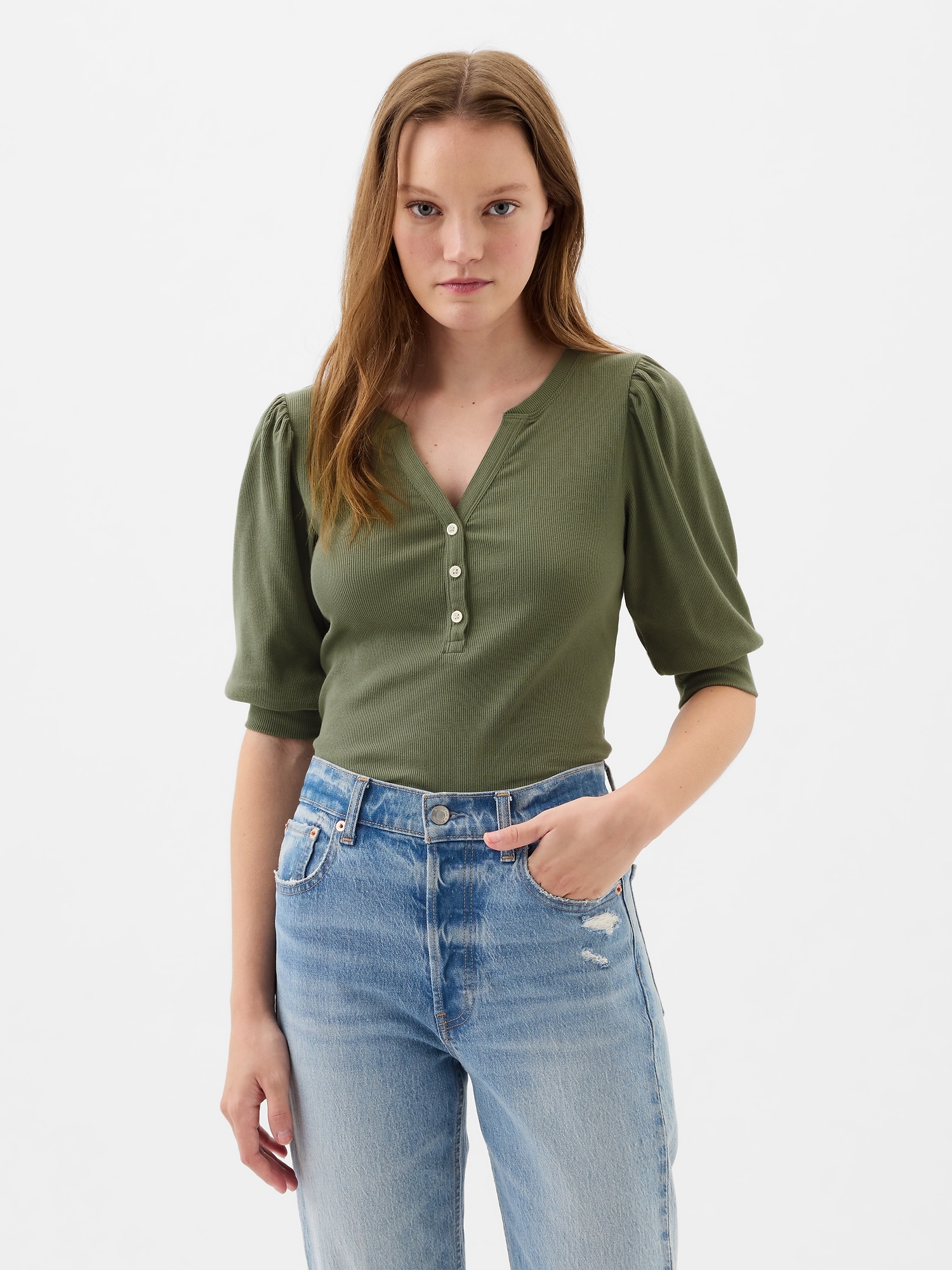 Fitted Ribbed Henley Puff Sleeve Top