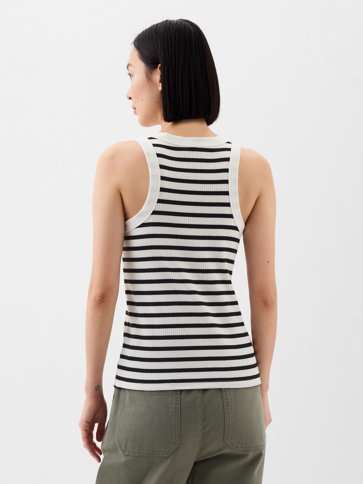 Ribbed High Neck Tank in White