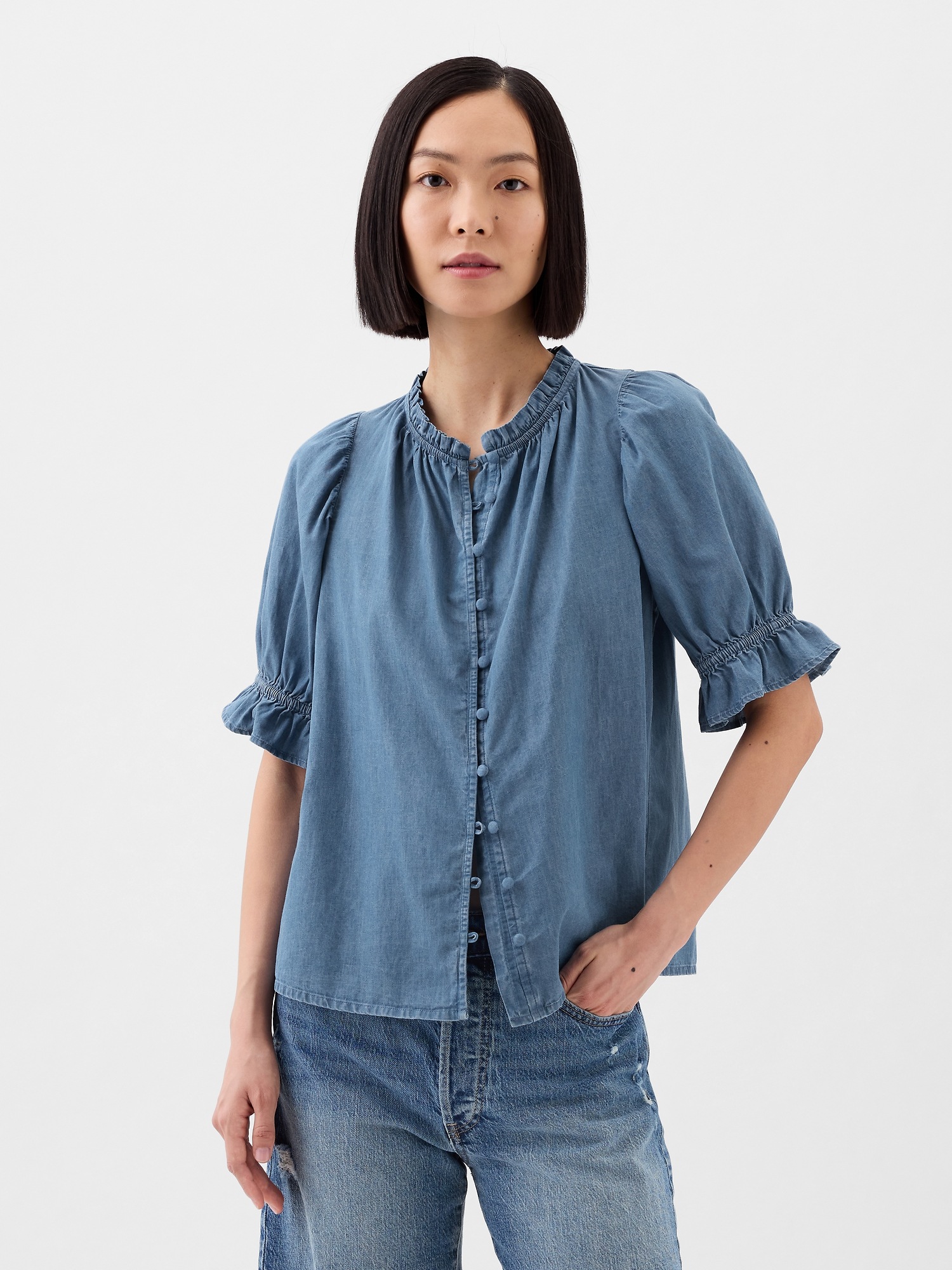 Splitneck Puff Sleeve Top