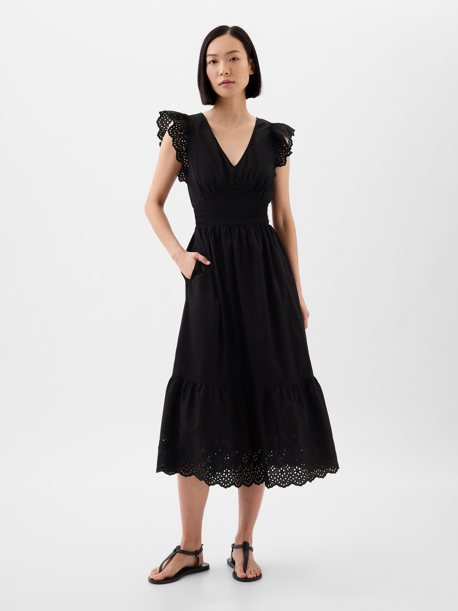 Eyelet Flutter Sleeve Midi Dress