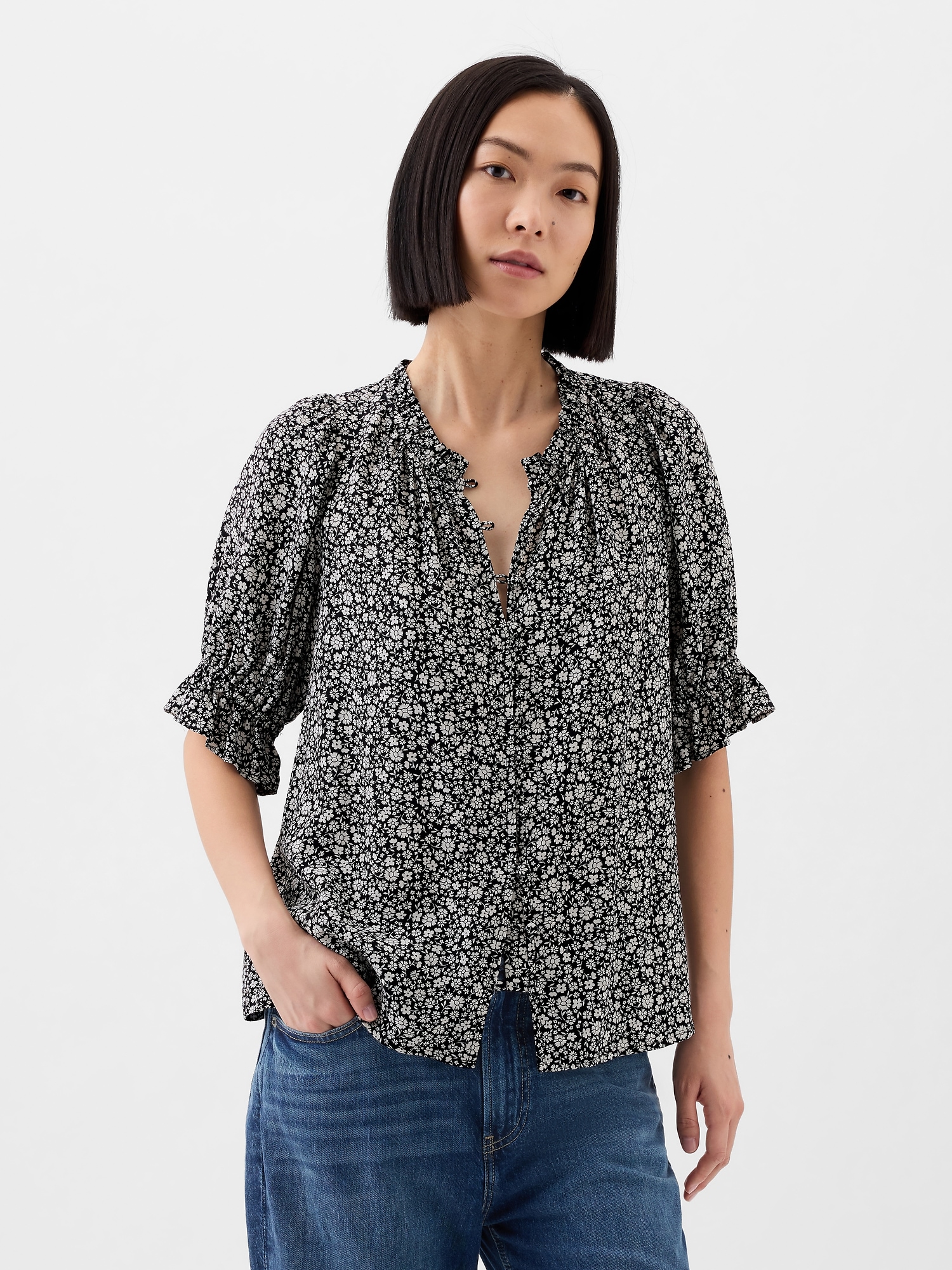 Print Puff Sleeve Ruffle Top