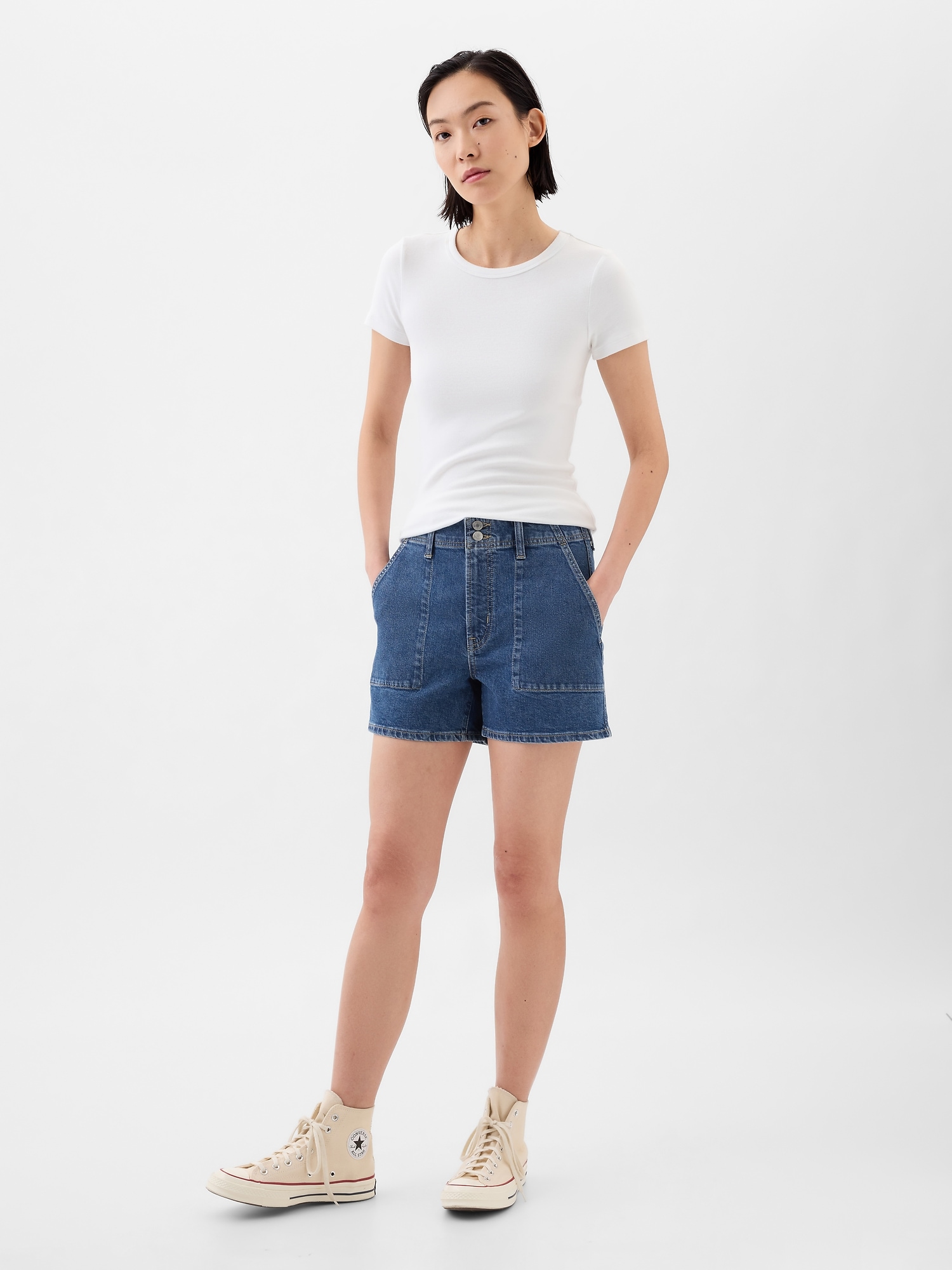 4 High Rise Denim Utility Shorts