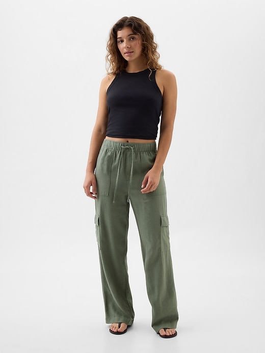 Image number 1 showing, Linen-Blend Wide-Leg Cargo Pull-On Pants