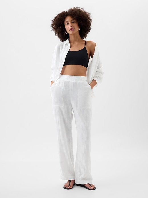 Image number 1 showing, Mid Rise Gauze Wide-Leg Pull-On Pants