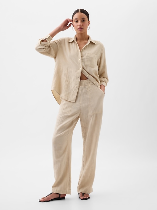 Image number 1 showing, Mid Rise Gauze Wide-Leg Pull-On Pants