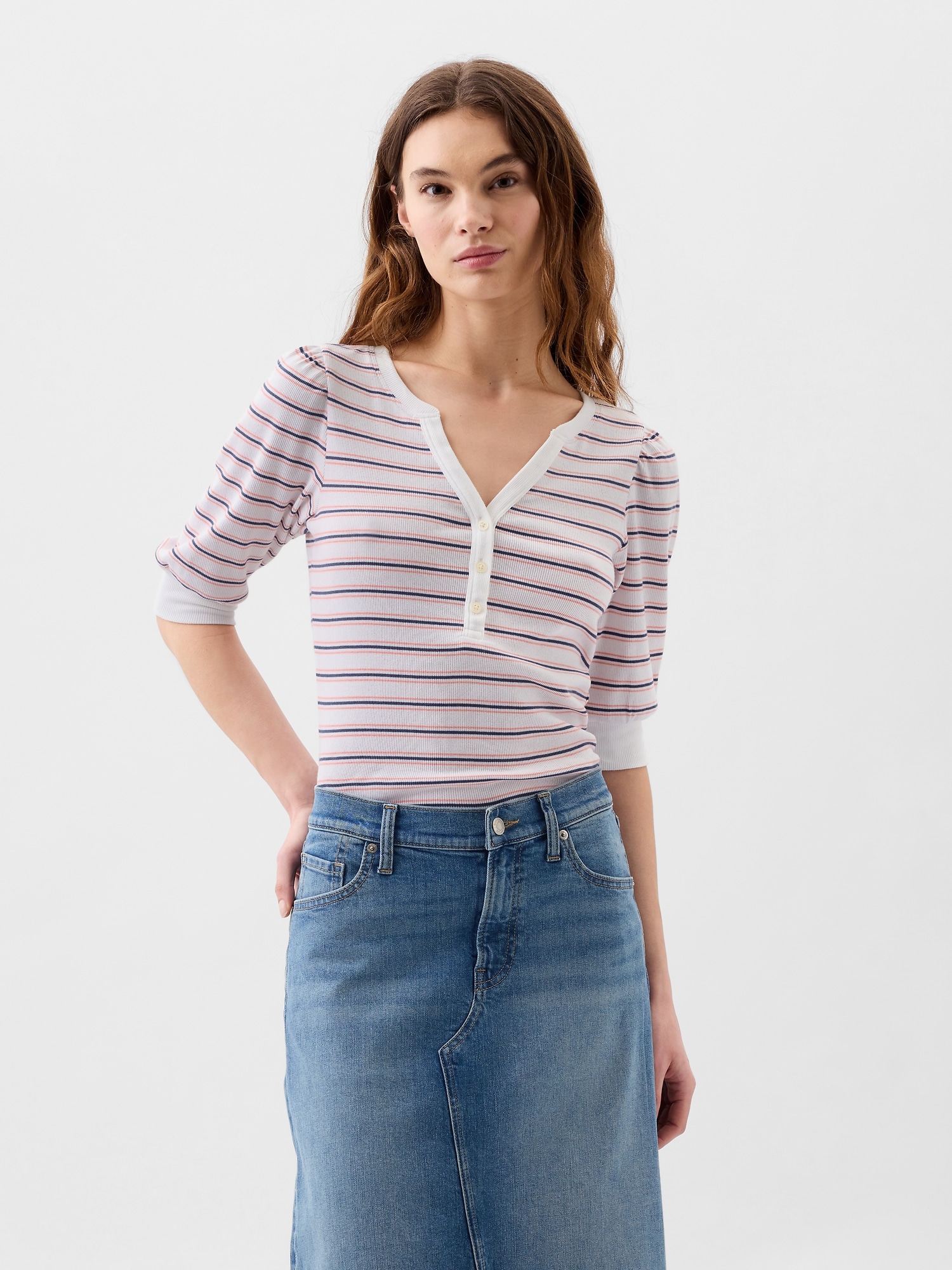 Fitted Ribbed Stripe Henley Puff Sleeve Top - Multi