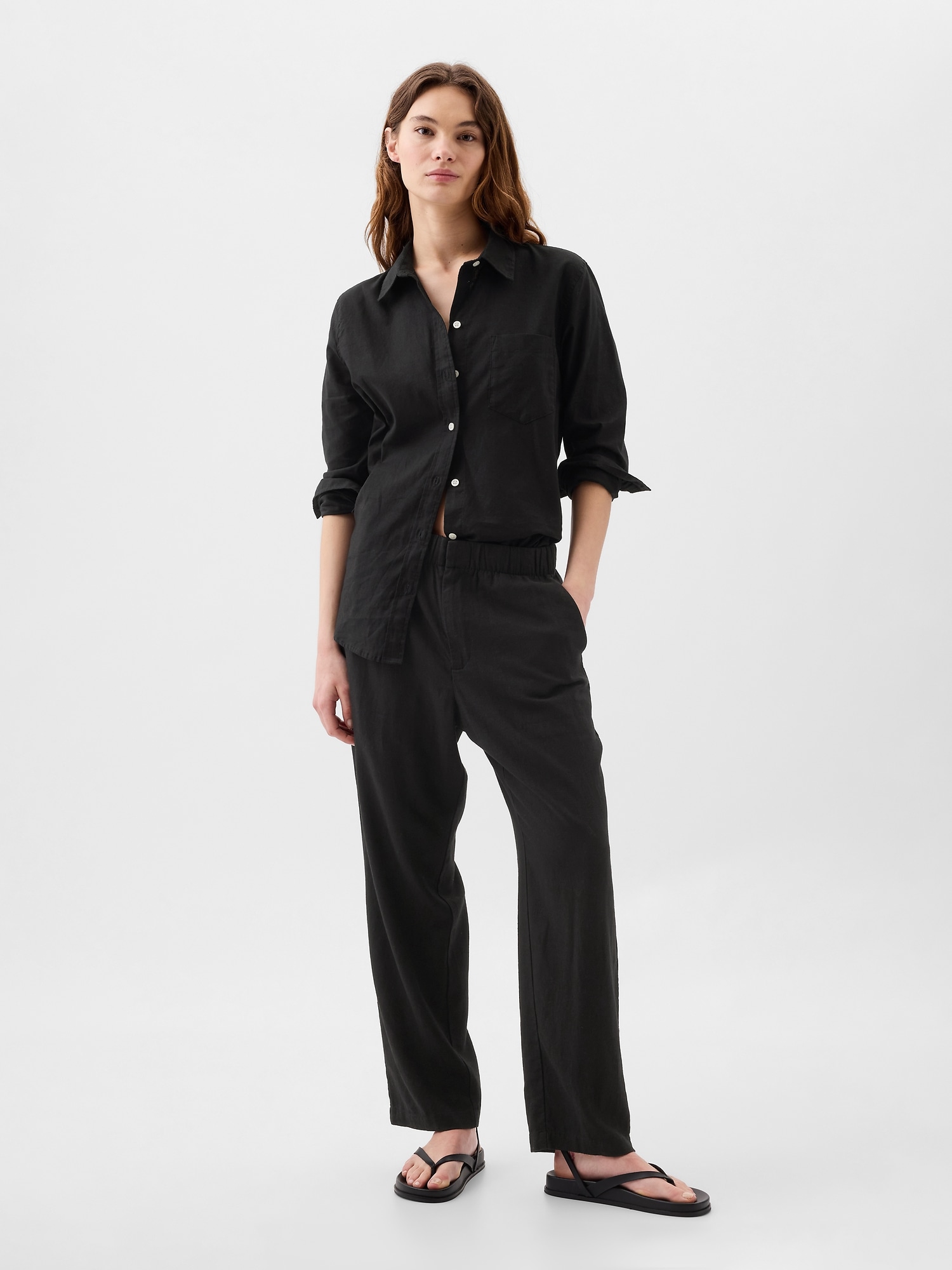 Linen-Blend Straight Pull-On Pants