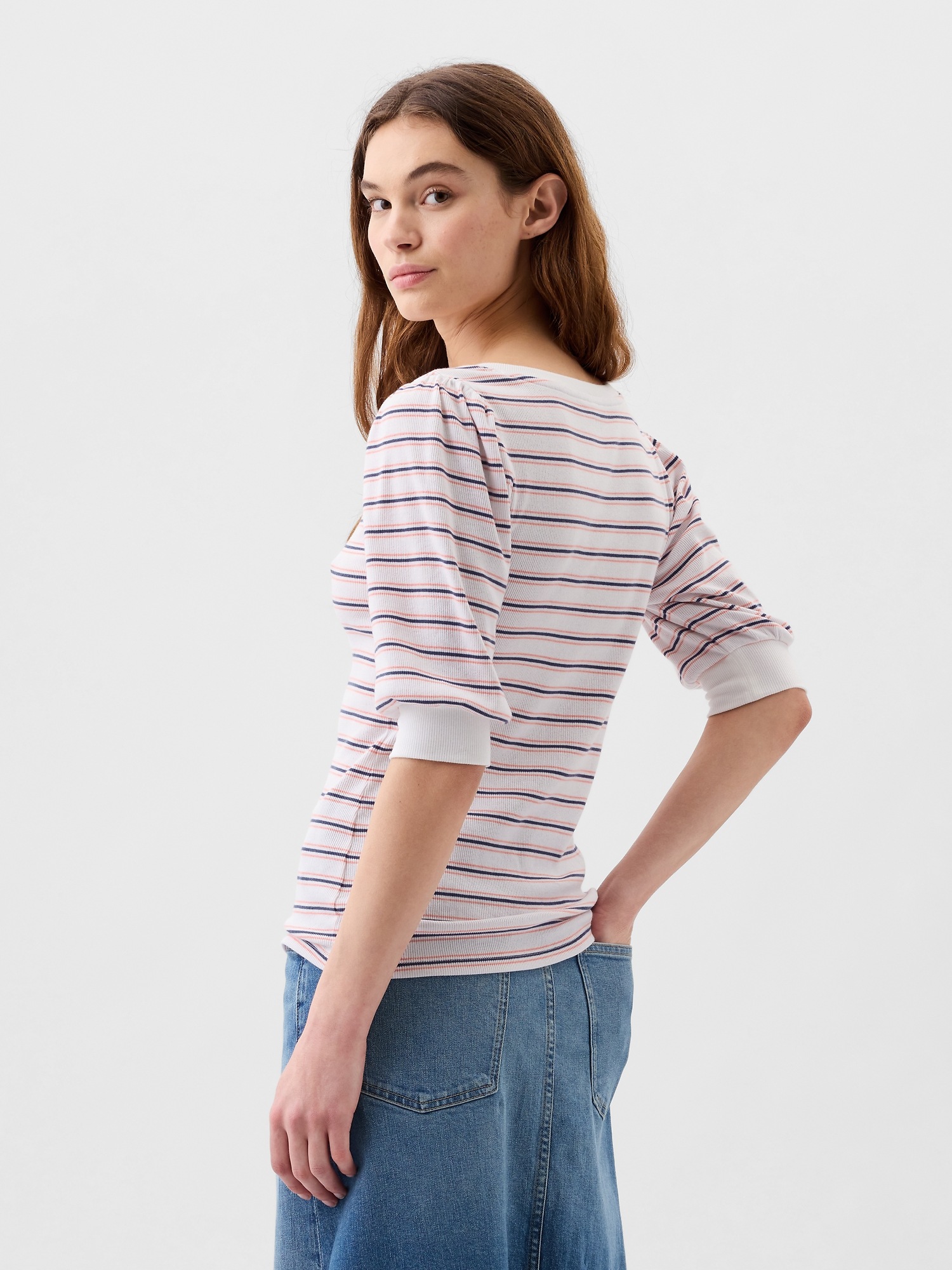 トップス Henley Fitted Ribbed Stripe Henley Puff Sleeve Top | Gap Factory
