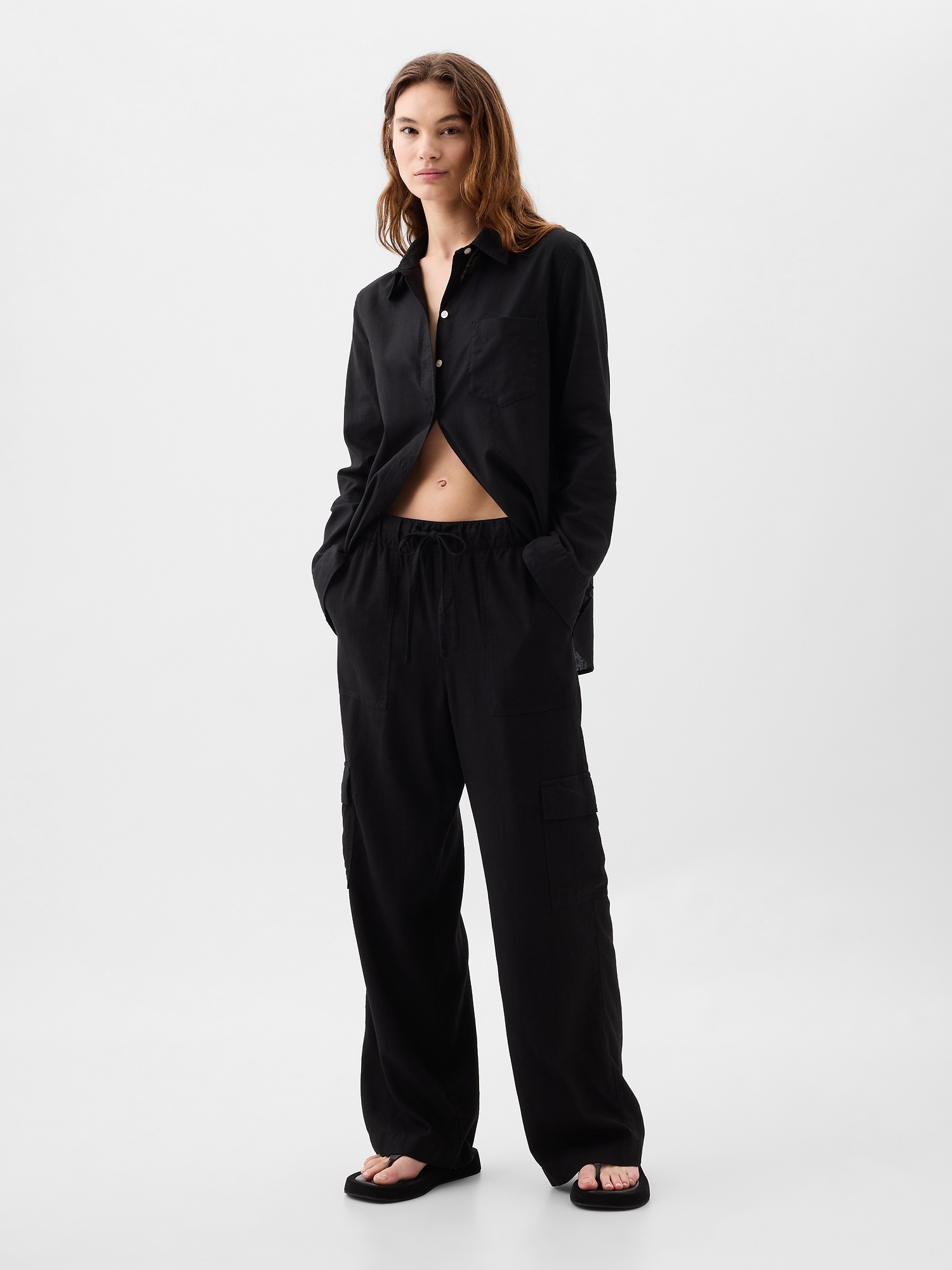 Linen-Blend Wide-Leg Cargo Pull-On Pants