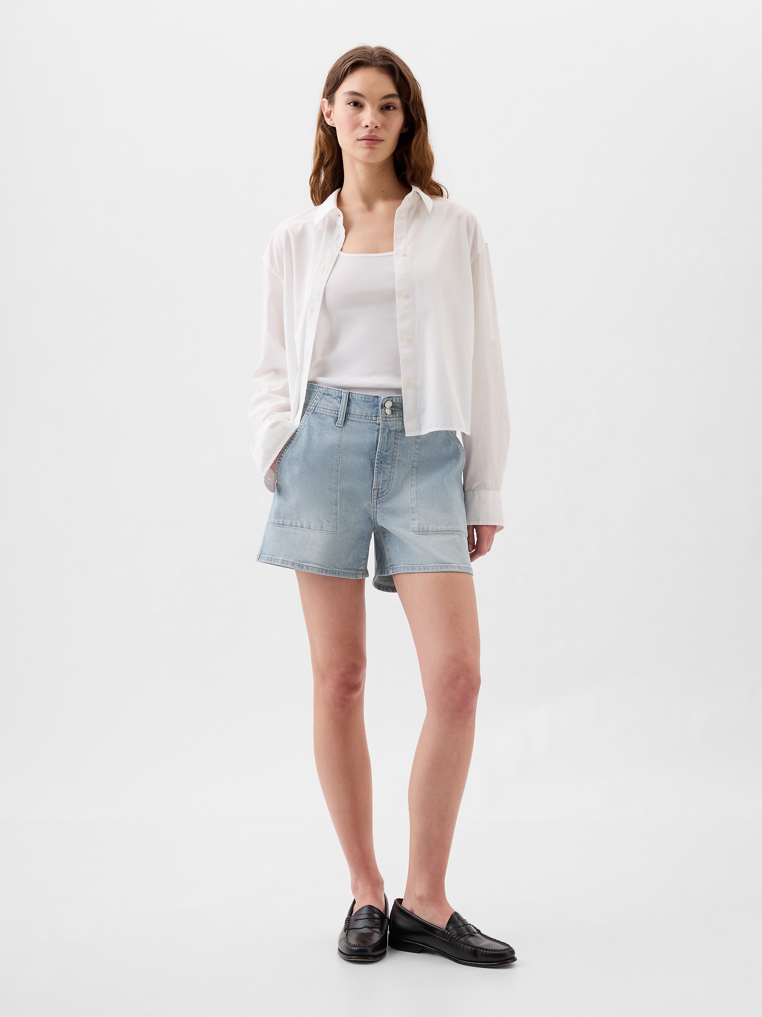 4 High Rise Denim Utility Shorts